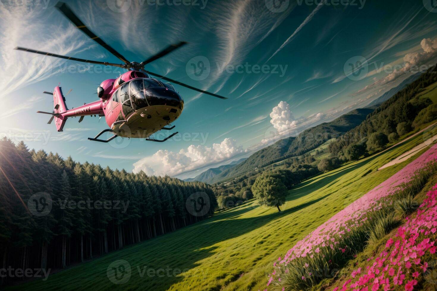 uma helicóptero vôo sobre uma exuberante verde campo. ai gerado foto