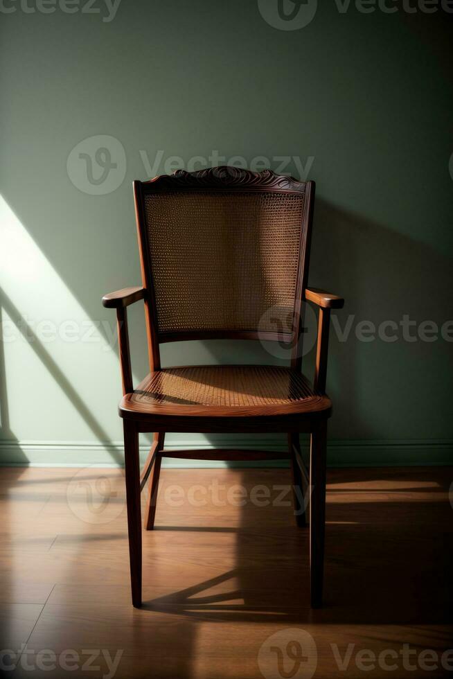 uma de madeira cadeira sentado em topo do uma Difícil madeira chão. ai gerado foto