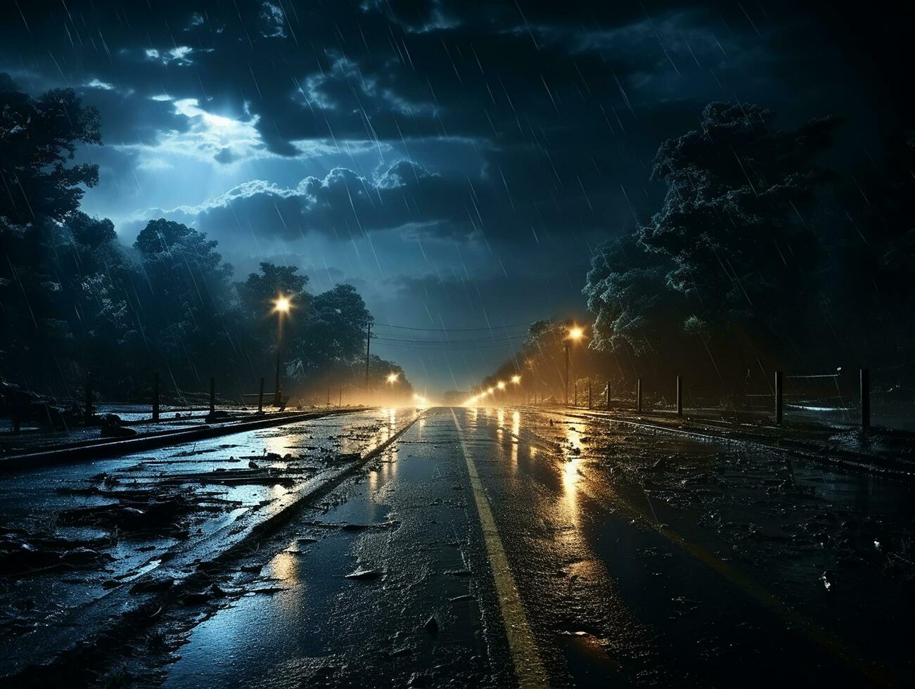 rodovia estrada dentro a noite com pesado chuva e relâmpago ai generativo foto