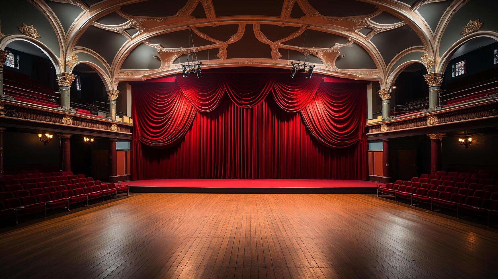 teatro estágio, com vermelho cortina, de madeira chão, cadeiras e iluminação ai generativo foto