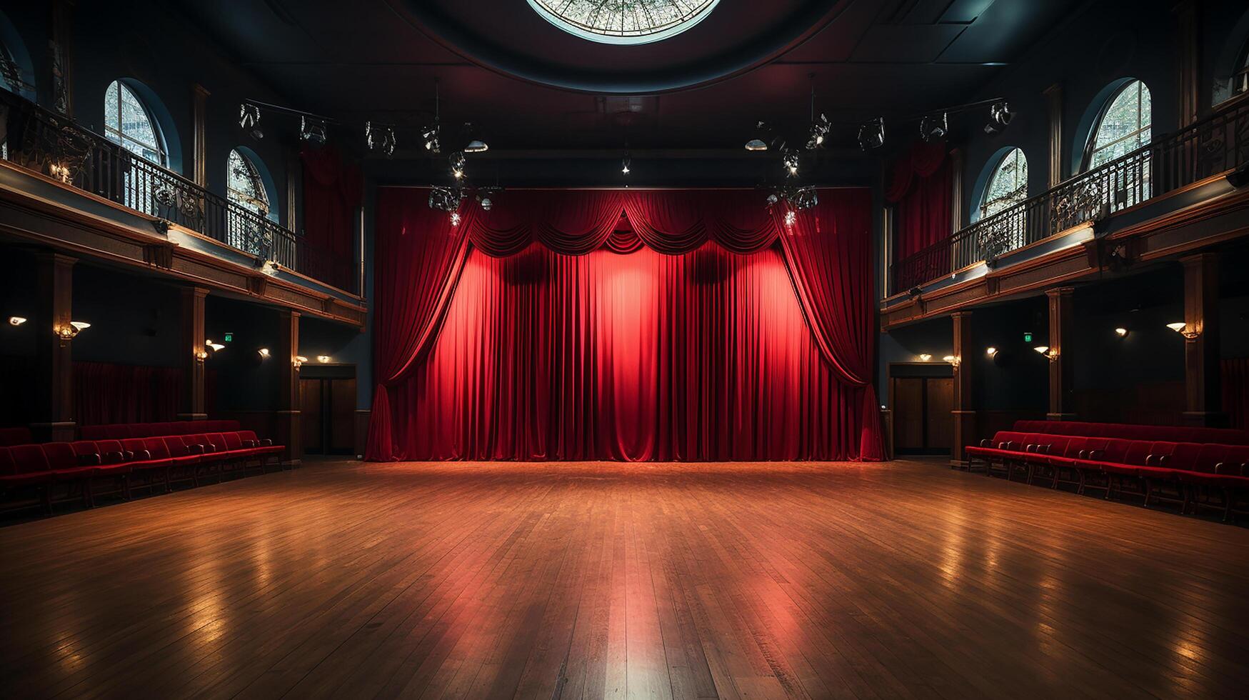 teatro estágio, com vermelho cortina, de madeira chão, cadeiras e iluminação ai generativo foto