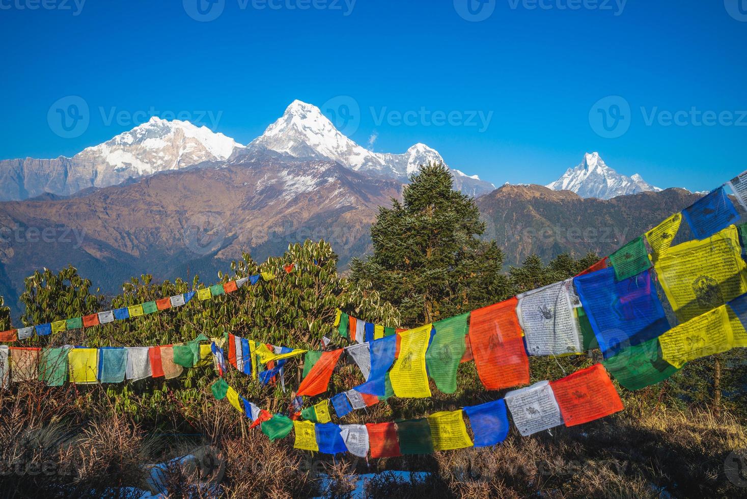 Pico de Annapurna e bandeiras de oração em Poon Hill em Nepal foto