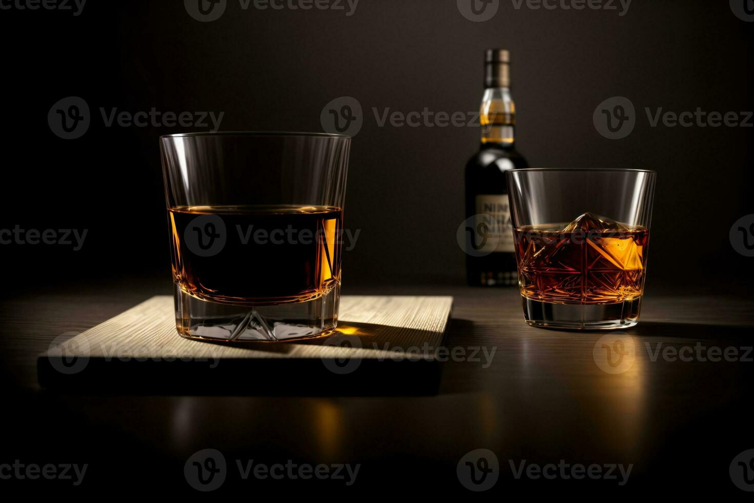 uma garrafa do álcool e dois óculos em uma mesa. ai gerado foto