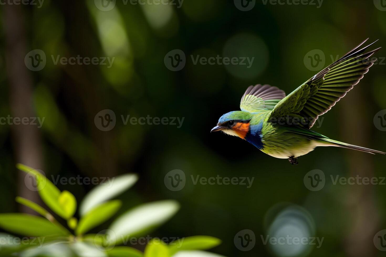 uma colorida pássaro vôo sobre uma exuberante verde floresta. ai gerado foto