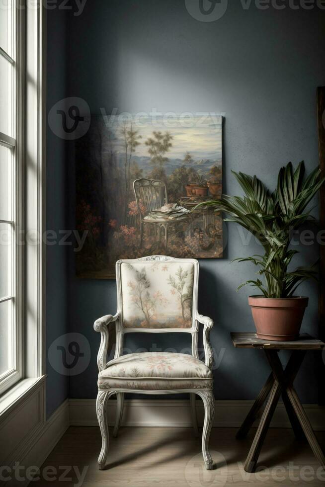 uma cadeira dentro uma quarto com uma pintura em a muro. ai gerado foto