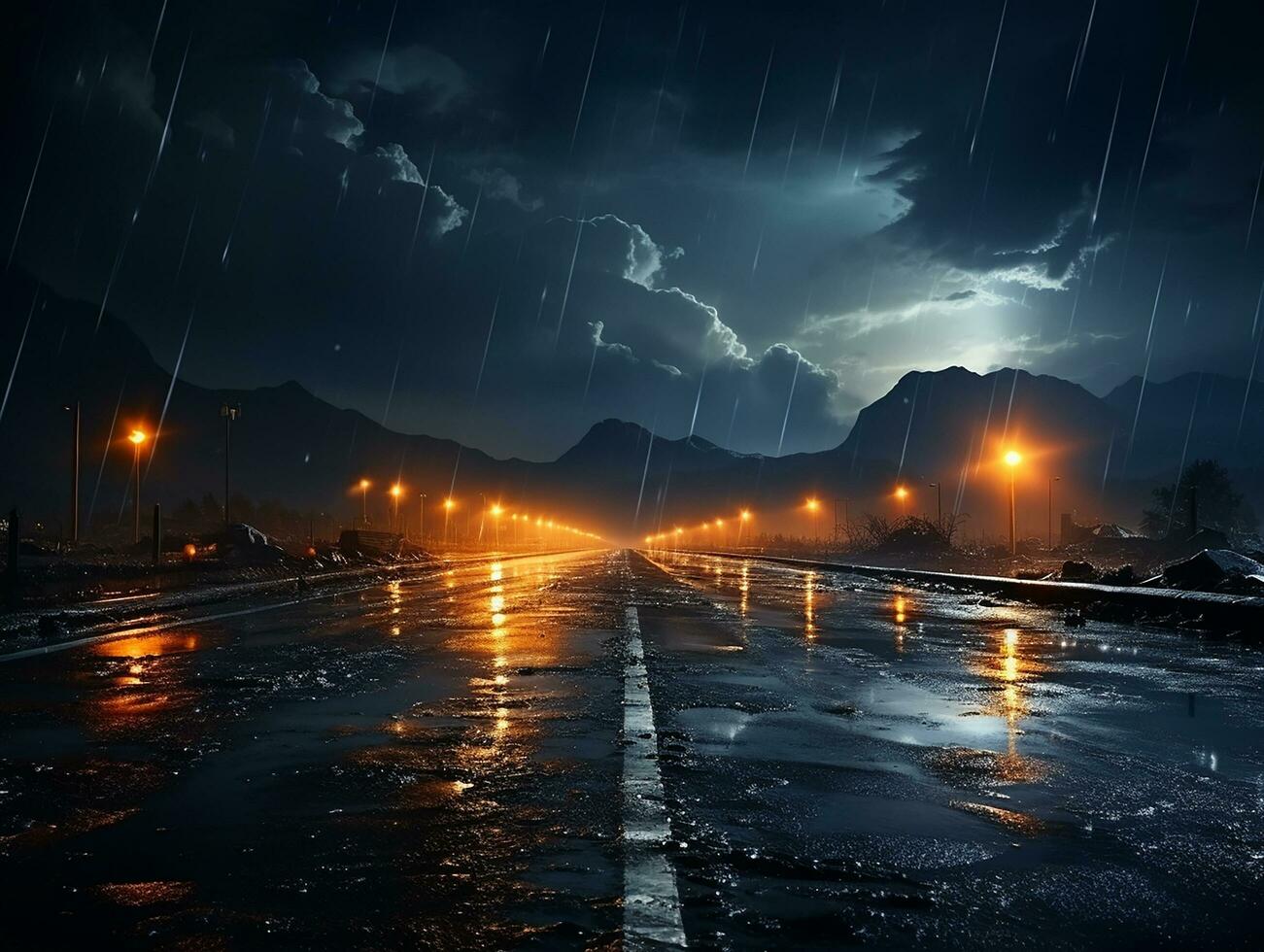 rodovia estrada dentro a noite com pesado chuva e relâmpago ai generativo foto