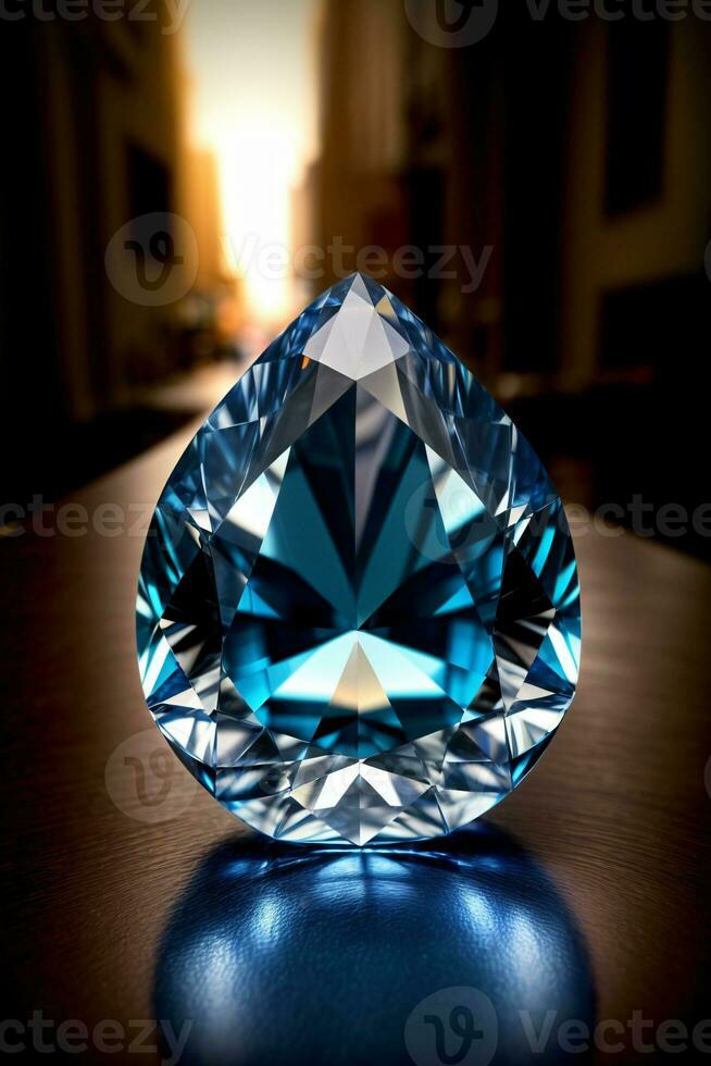 uma azul diamante sentado em topo do uma de madeira mesa. ai gerado foto