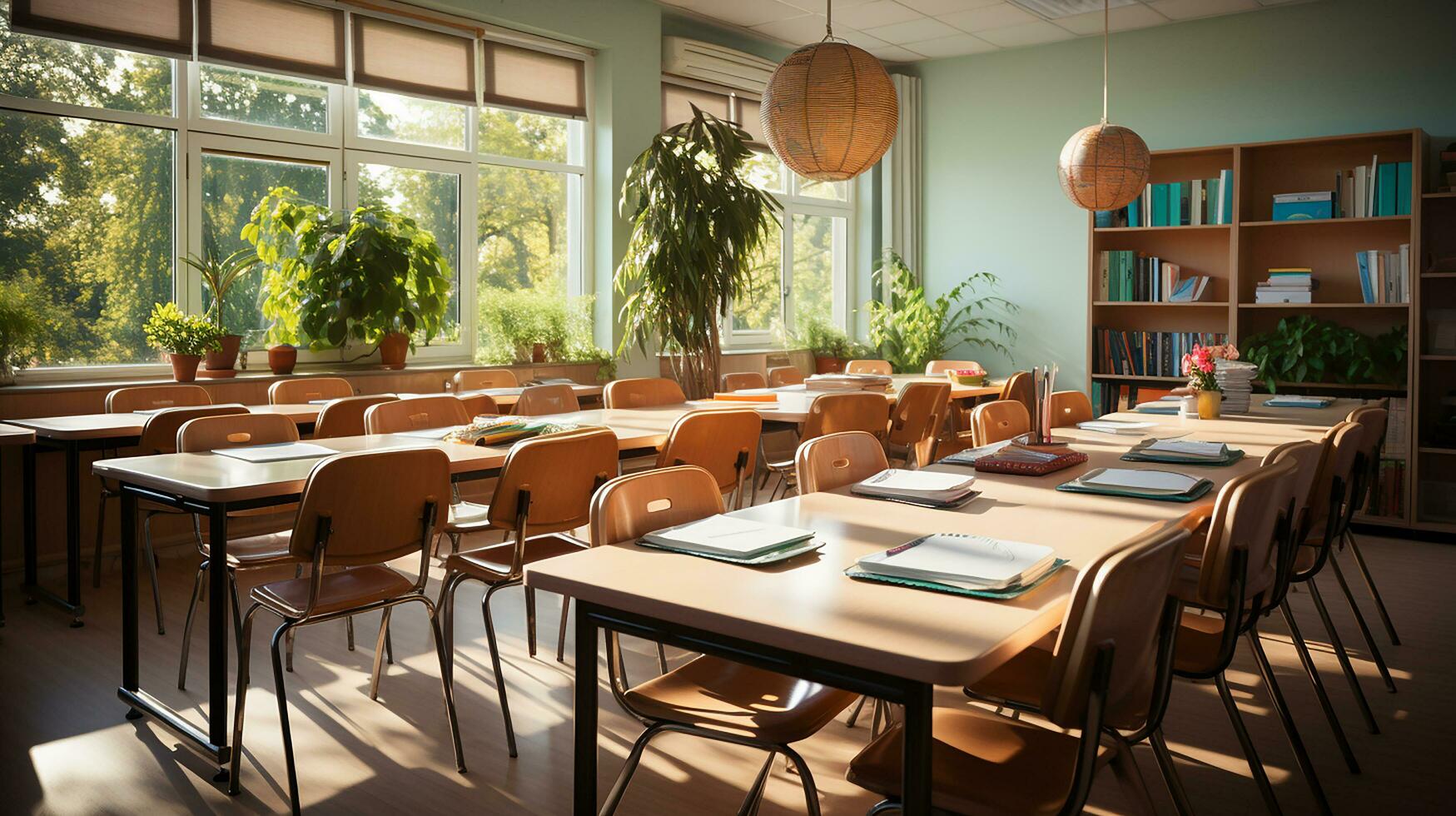 escola classe dentro luz do dia. limpar \ limpo interior com quadro branco, gaveta, cadeiras e mesas ai generativo foto