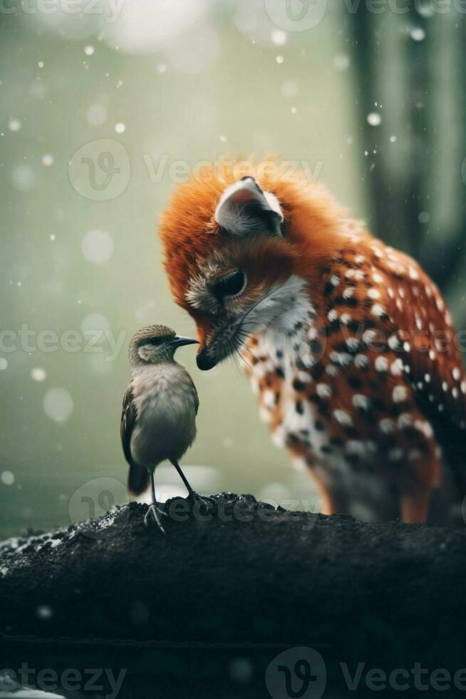 vermelho Raposa com uma pequeno pássaro dentro a floresta dentro a queda de neve. ai generativo foto