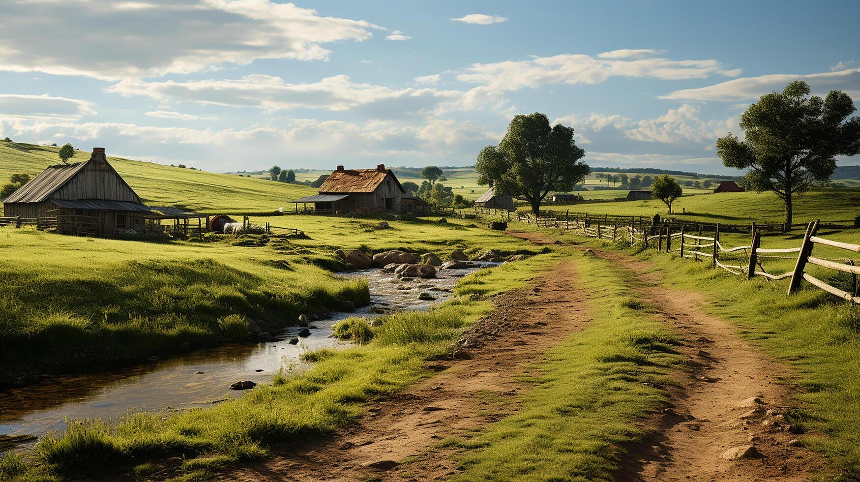 Fazenda dentro sub urbano às tarde, ultra realista, suave iluminação fez de ai generativo foto