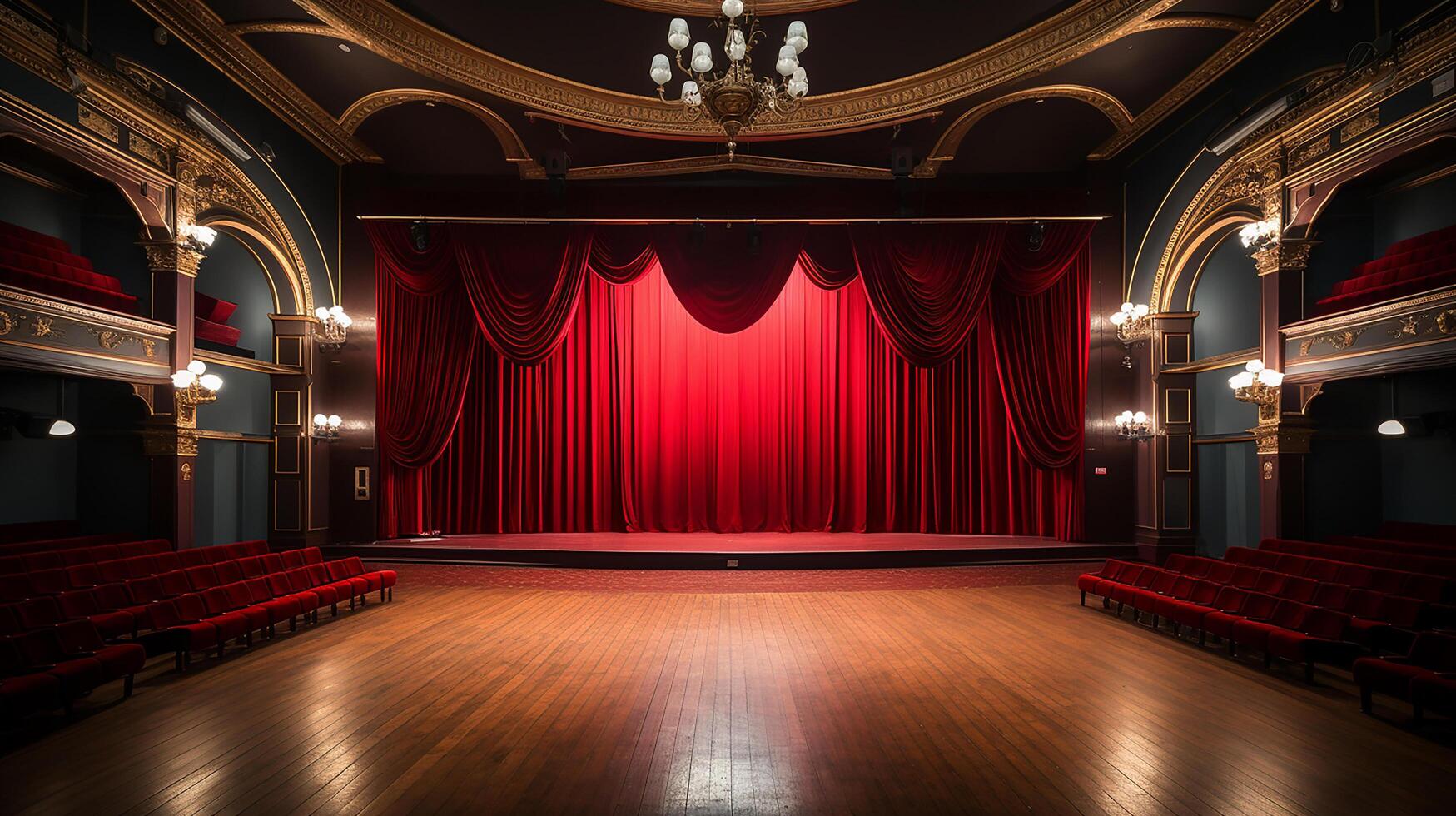 teatro estágio, com vermelho cortina, de madeira chão, cadeiras e iluminação ai generativo foto