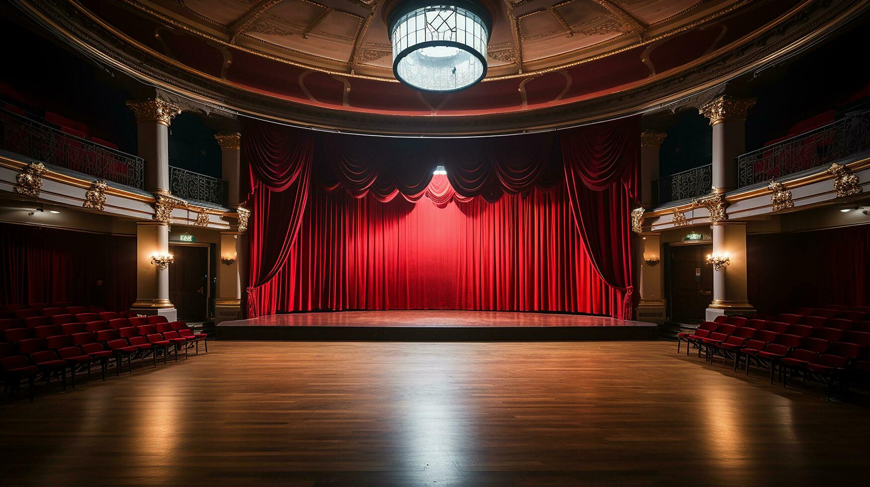 teatro estágio, com vermelho cortina, de madeira chão, cadeiras e iluminação ai generativo foto