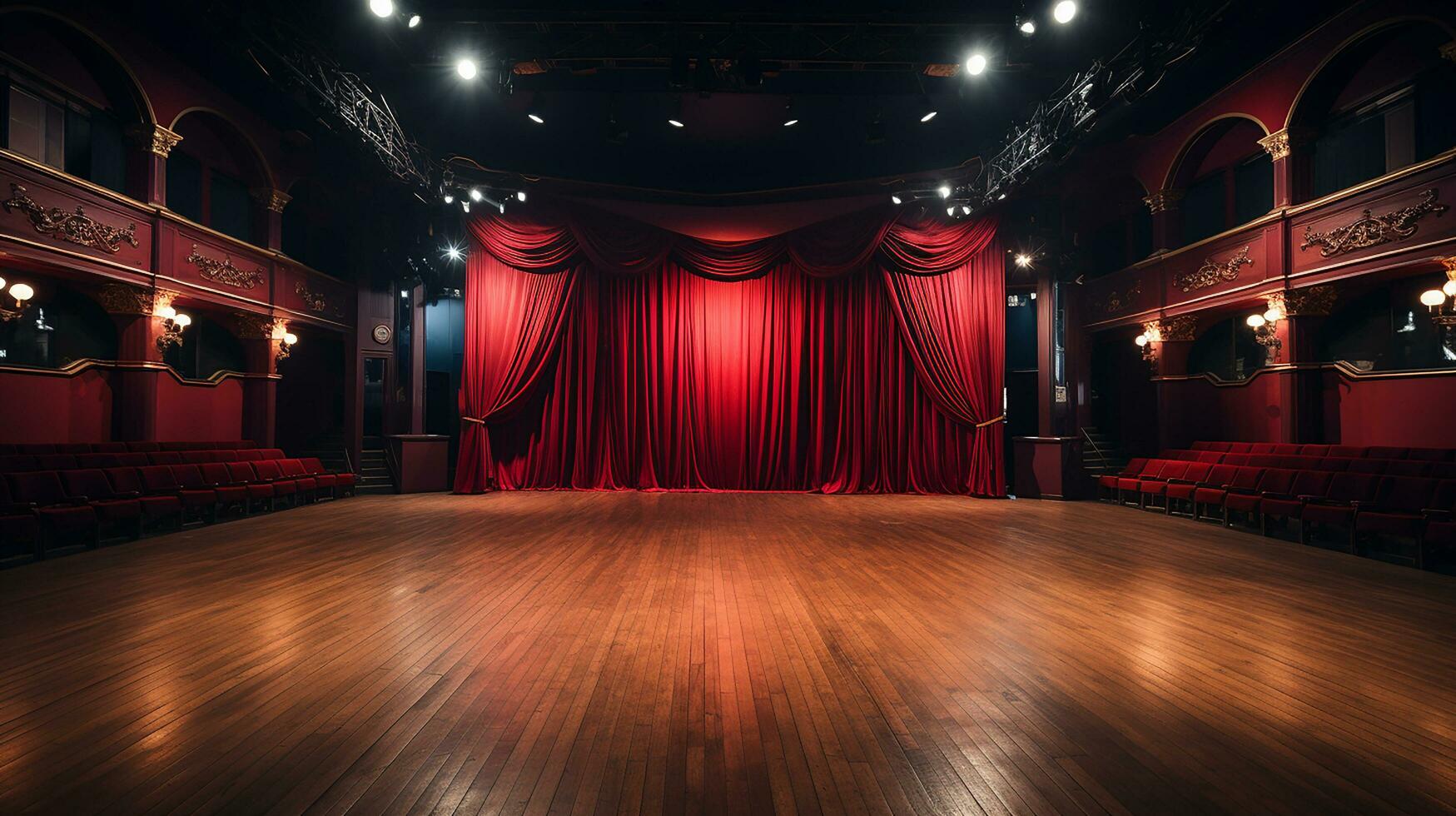 teatro estágio, com vermelho cortina, de madeira chão, cadeiras e iluminação ai generativo foto