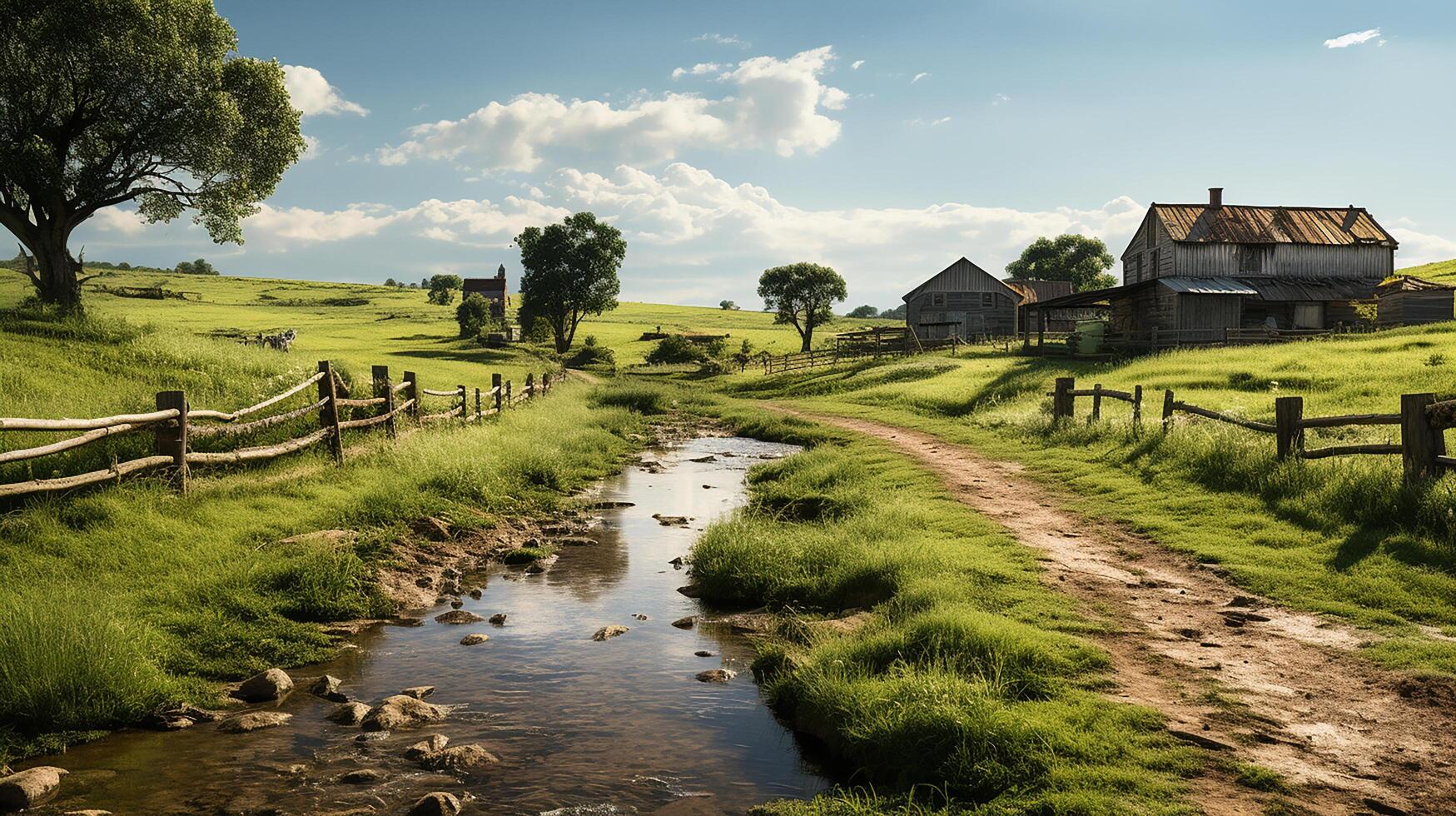 Fazenda dentro sub urbano às tarde, ultra realista, suave iluminação fez de ai generativo foto