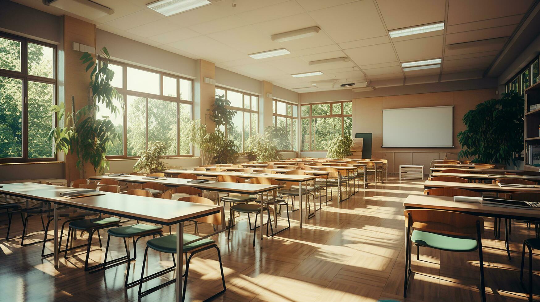 escola classe dentro luz do dia. limpar \ limpo interior com quadro branco, gaveta, cadeiras e mesas ai generativo foto