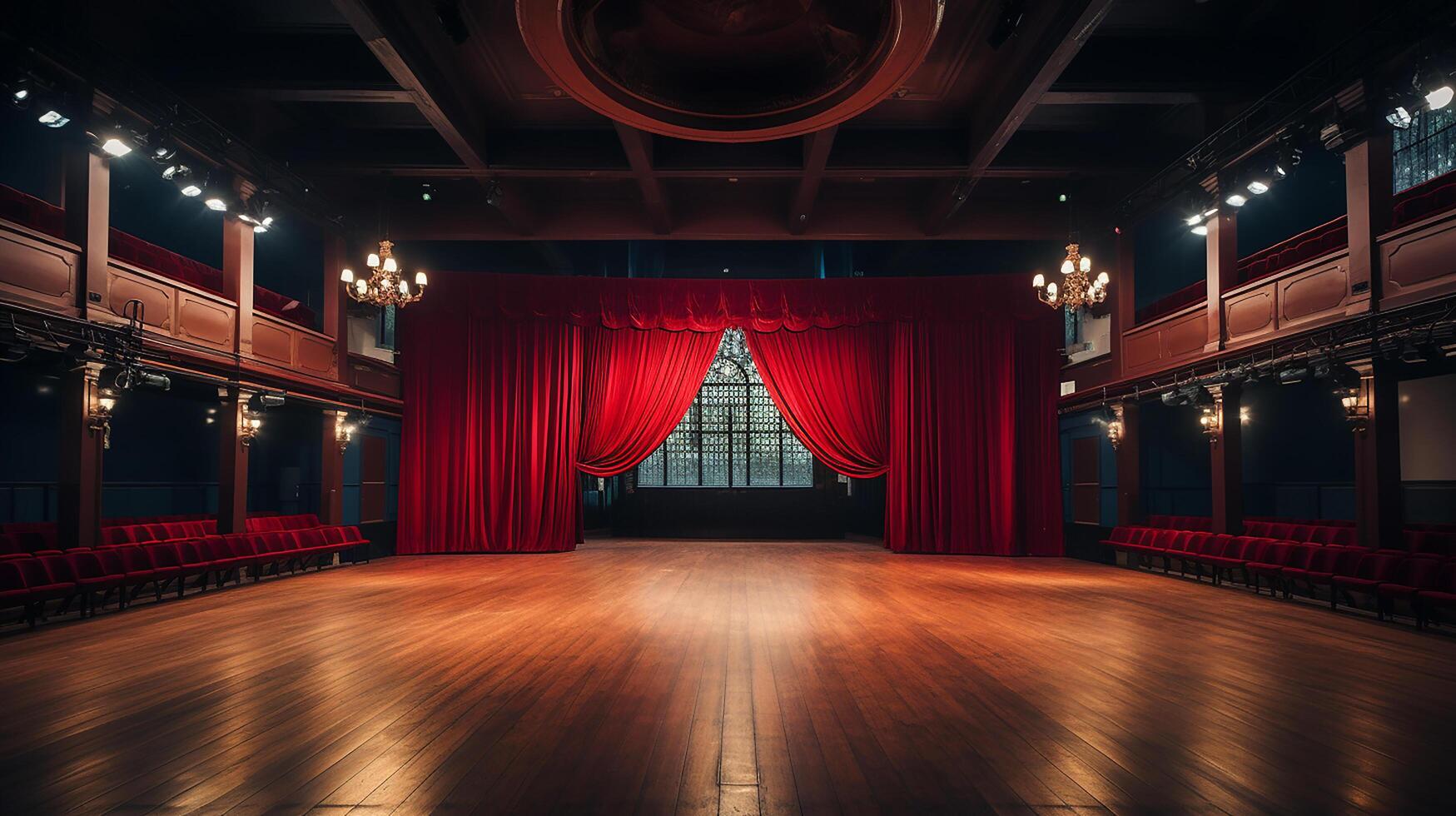 teatro estágio, com vermelho cortina, de madeira chão, cadeiras e iluminação ai generativo foto