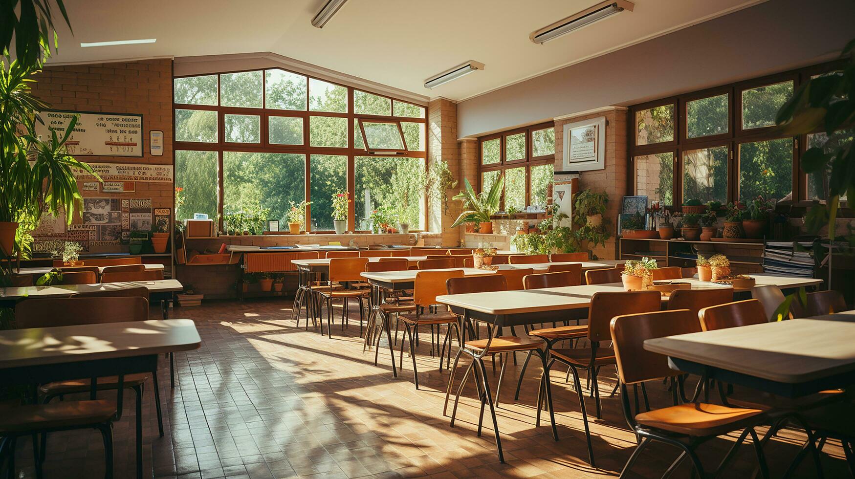 escola classe dentro luz do dia. limpar \ limpo interior com quadro branco, gaveta, cadeiras e mesas ai generativo foto