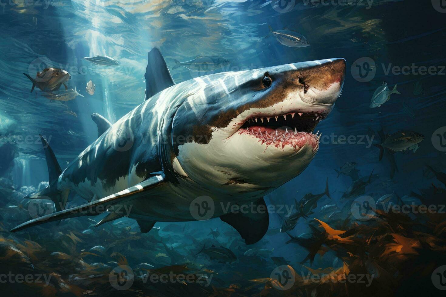 assustador Tubarão com aberto mandíbulas. generativo ai foto