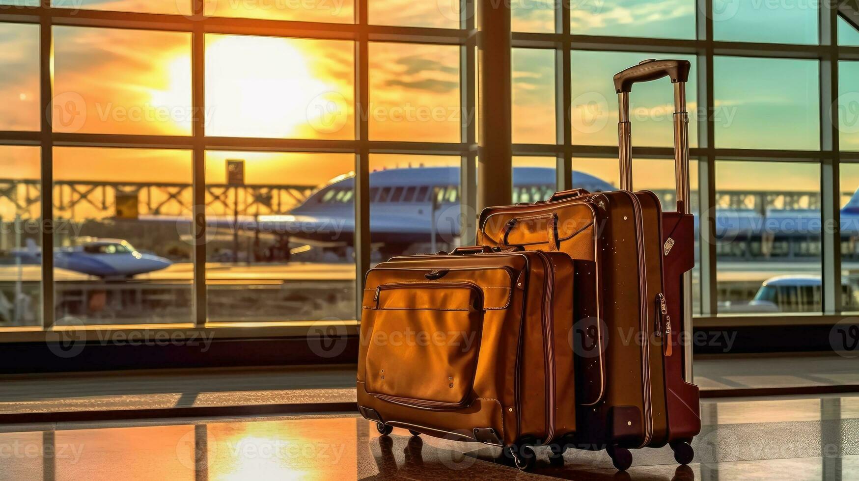 malas dentro aeroporto, aeroporto salão, aviões dentro a fundo. generativo ai foto