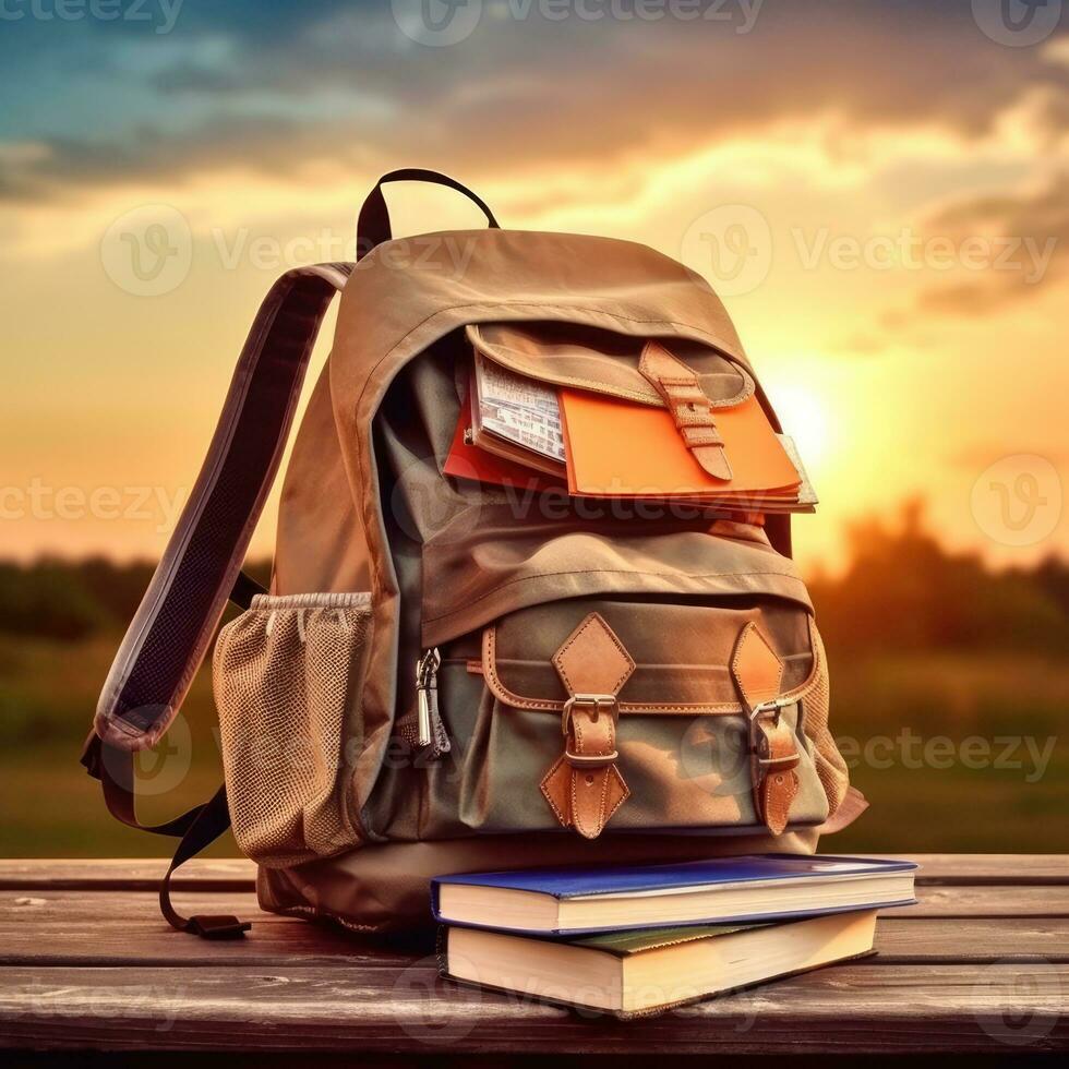 mochila com livros em de madeira mesa sobre pôr do sol céu fundo. costas para escola conceito. generativo ai foto