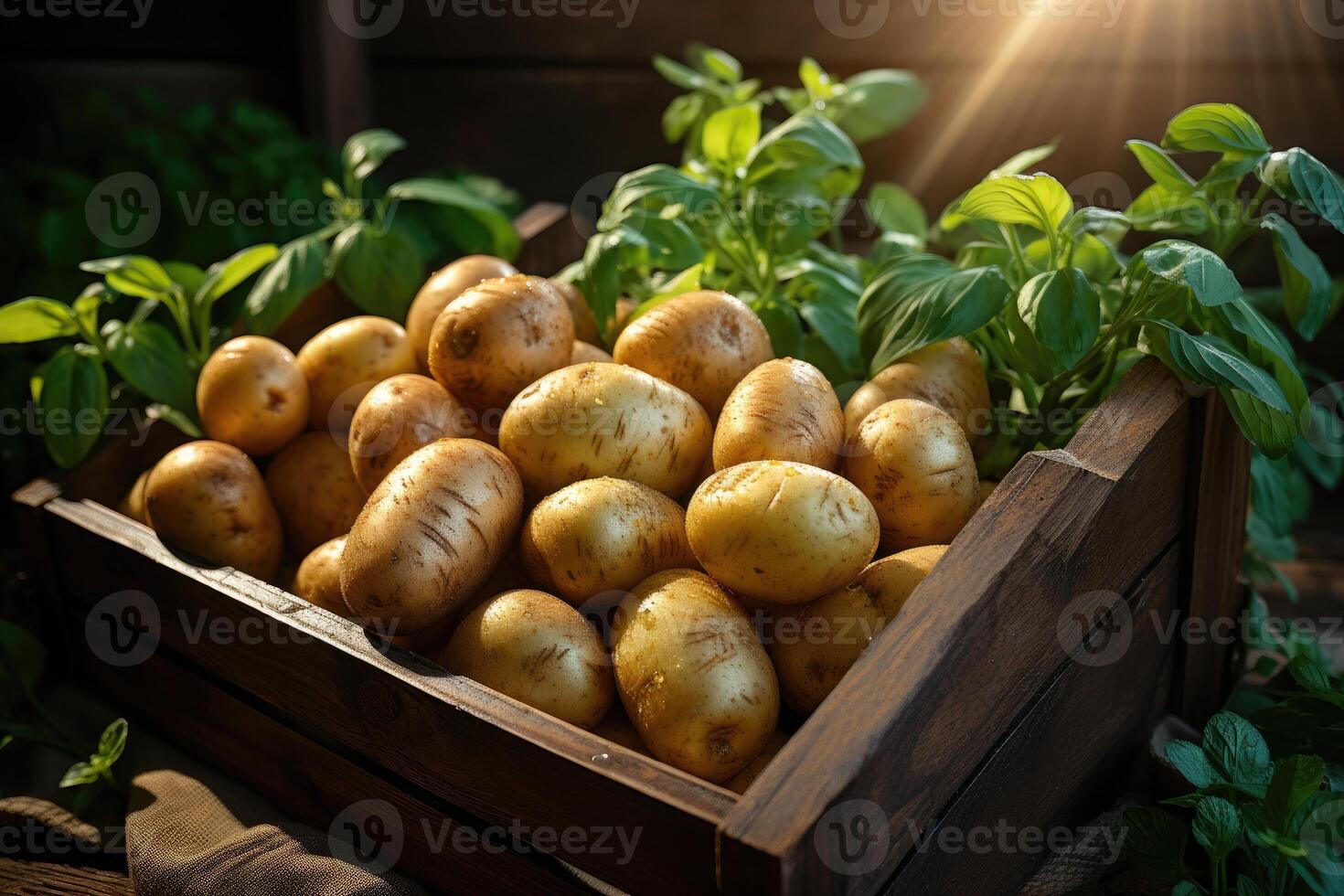 maduro batatas dentro uma de madeira caixa. generativo ai foto