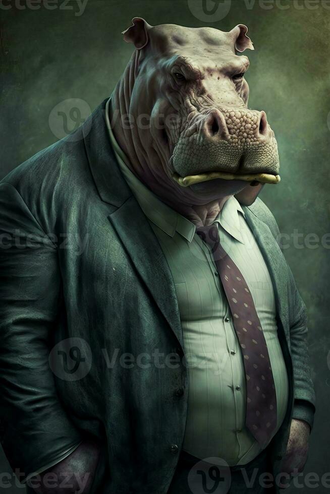 homem dentro terno e gravata com hipopótamo dentro dele boca. generativo ai foto
