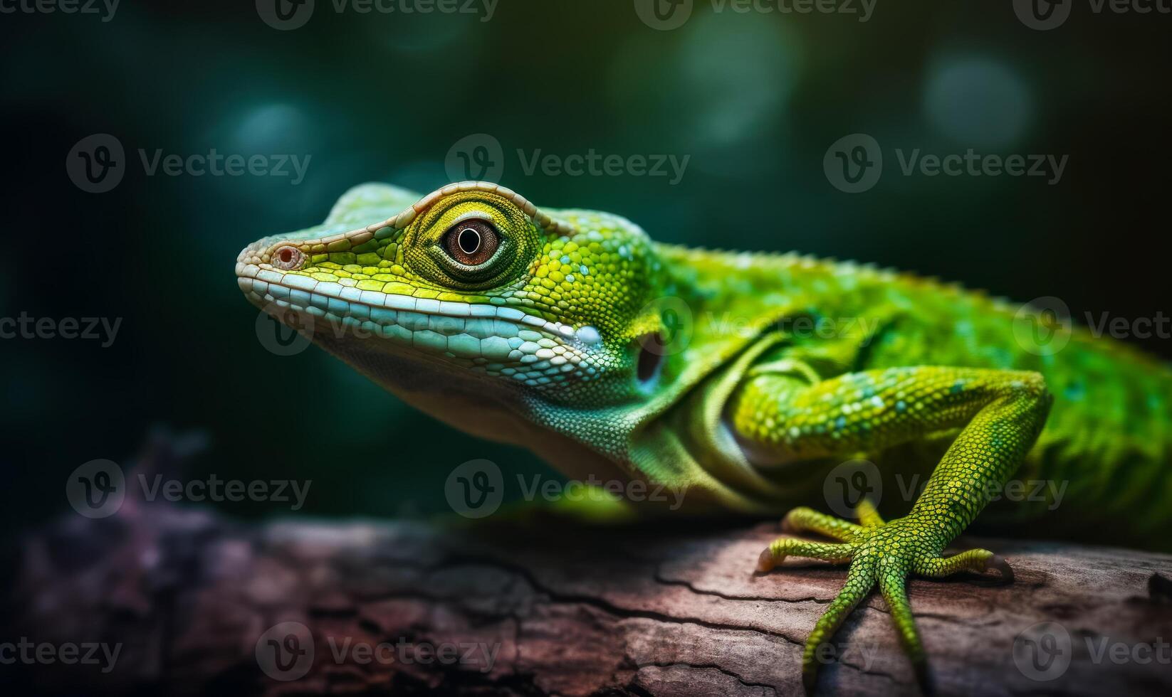 fechar acima do verde lagarto em árvore ramo com embaçado fundo. generativo ai foto