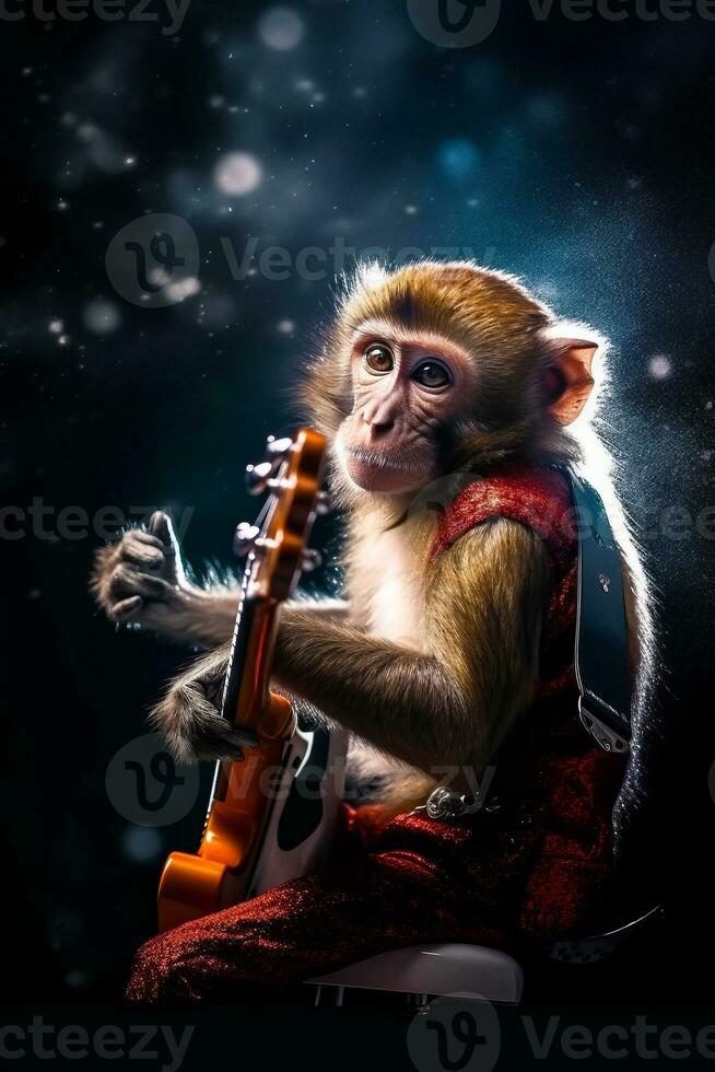 macaco é segurando guitarra e vestindo vermelho vestir e vermelho lenço. generativo ai foto