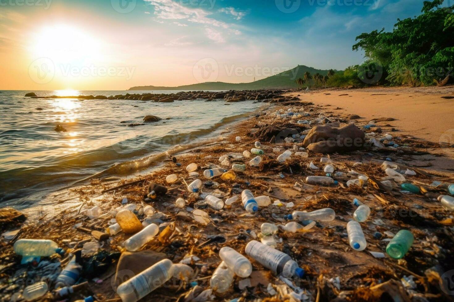 derramado lixo em a de praia do a grande cidade. esvaziar usava sujo plástico garrafas. sujo mar arenoso costa a Preto mar. de Meio Ambiente poluição. ecológico problema. comovente ondas dentro a generativo ai foto