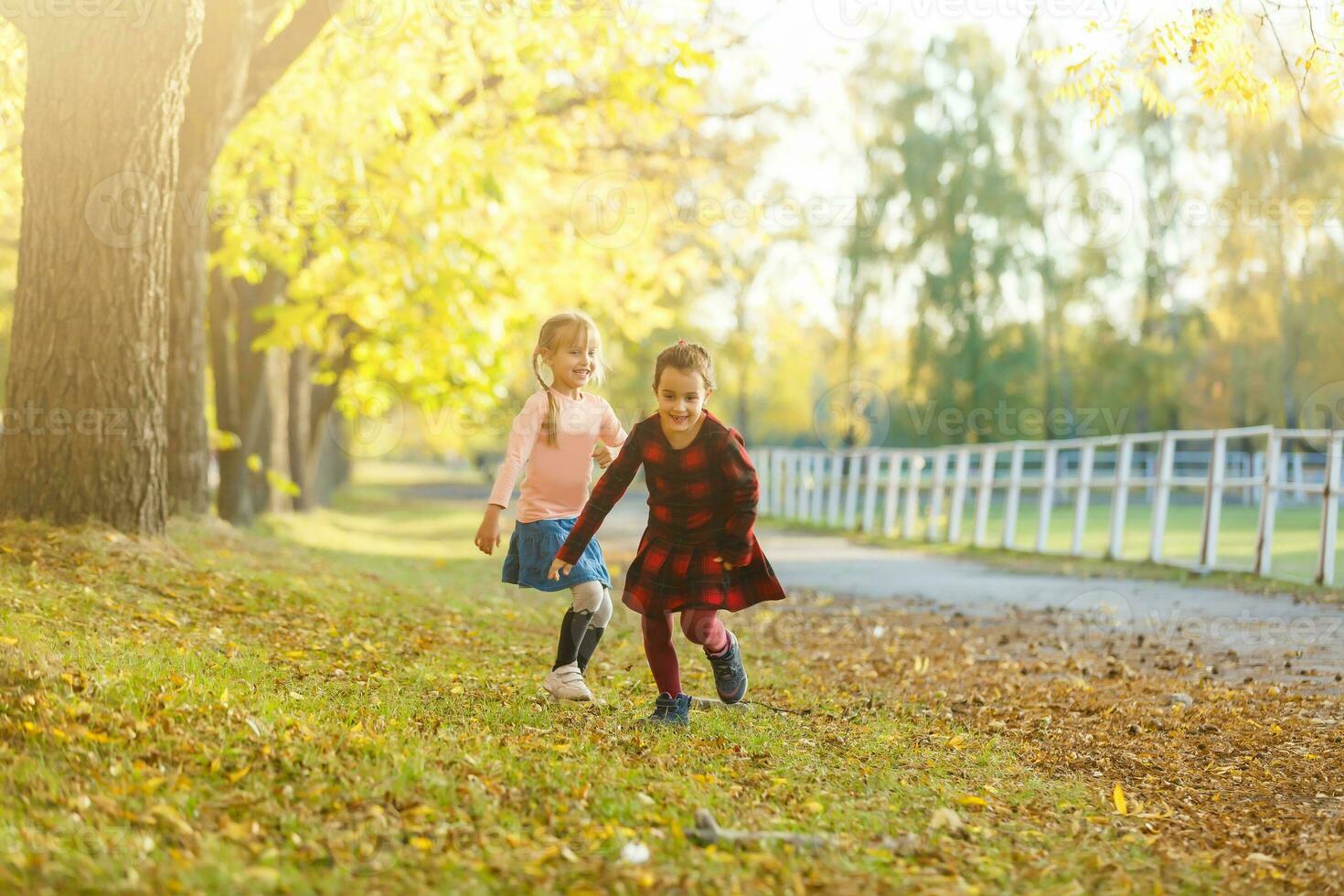 dois pequeno meninas dentro outono parque foto