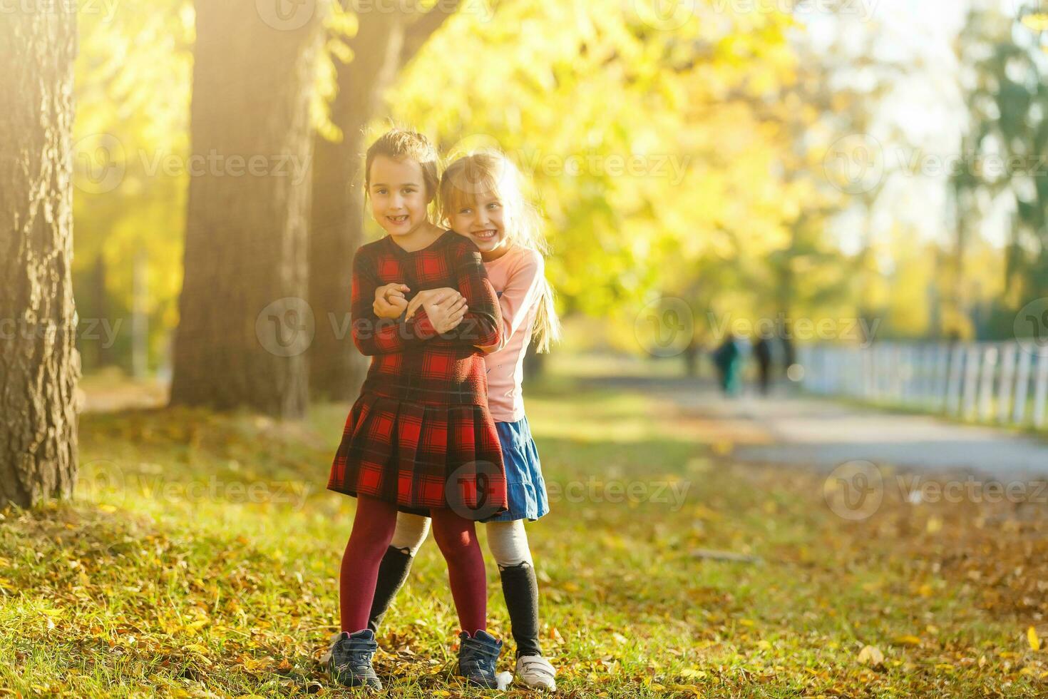 dois pequeno meninas dentro outono parque foto