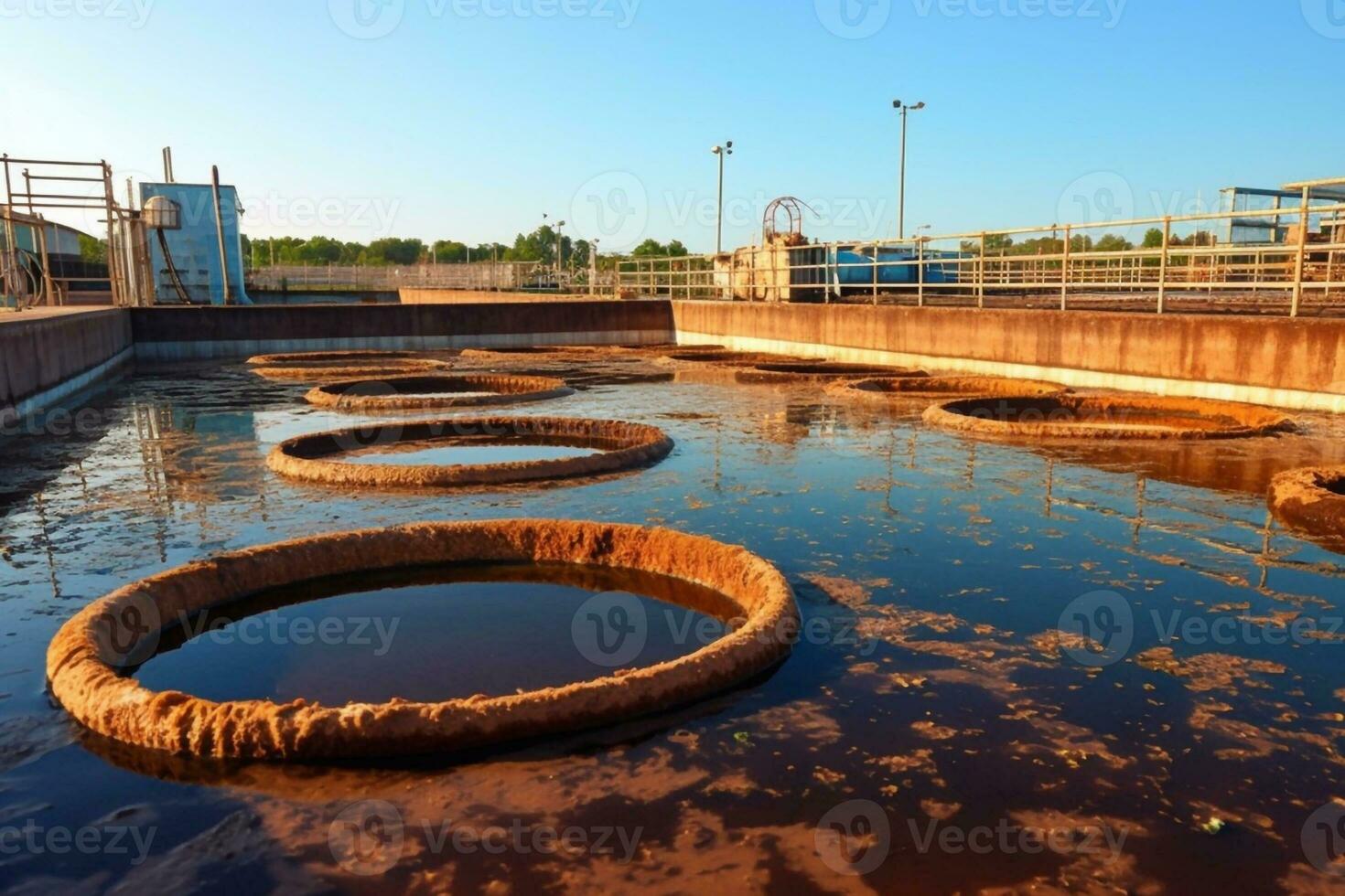 topo aéreo Visão do purificação tanques do moderno águas residuais tratamento plantar generativo ai foto