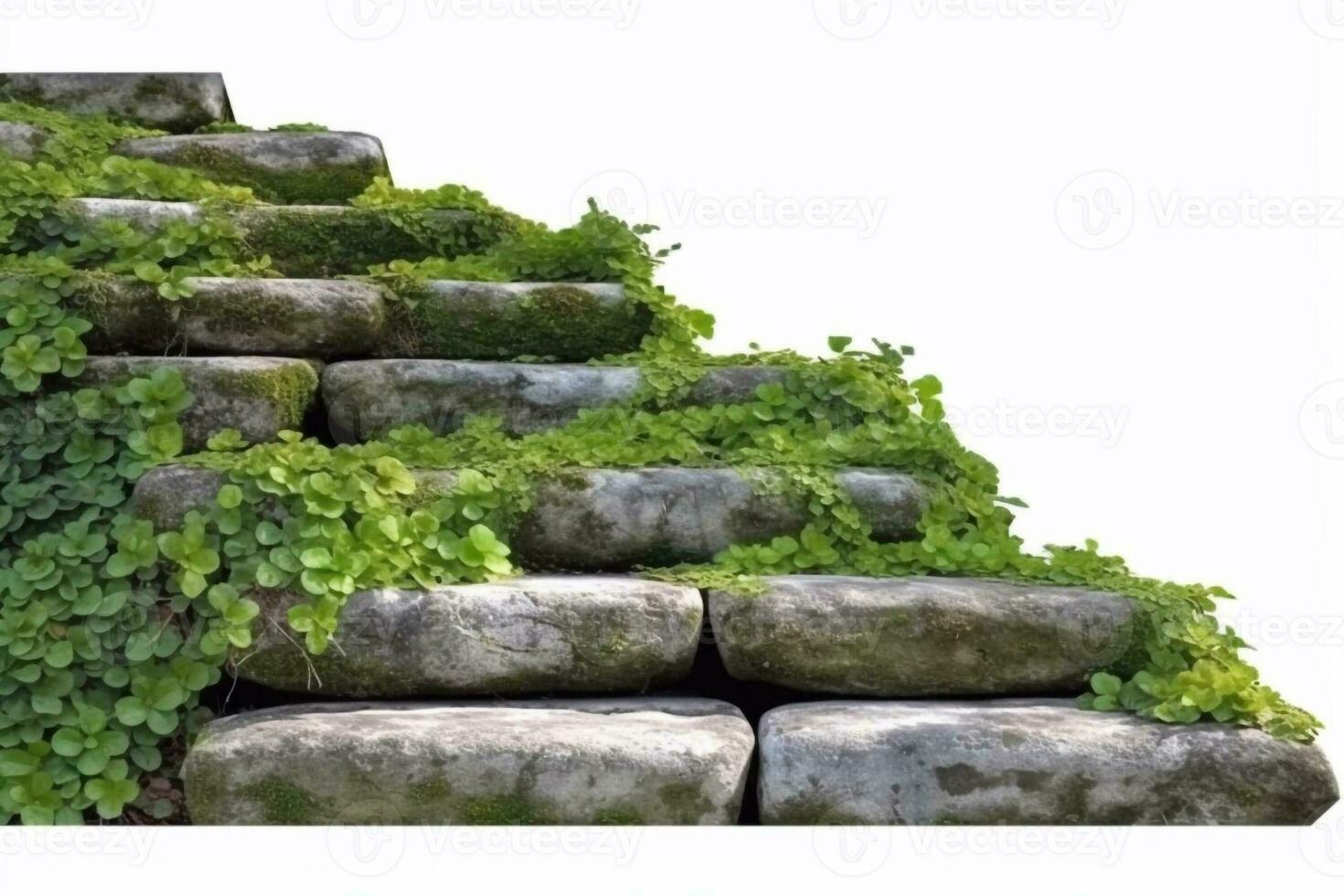 cortar Fora escadas fez do ampla pedra passos. Escadaria forrado com verde plantas para paisagismo ou jardim Projeto. Rocha passos isolado em branco fundo. generativo ai foto