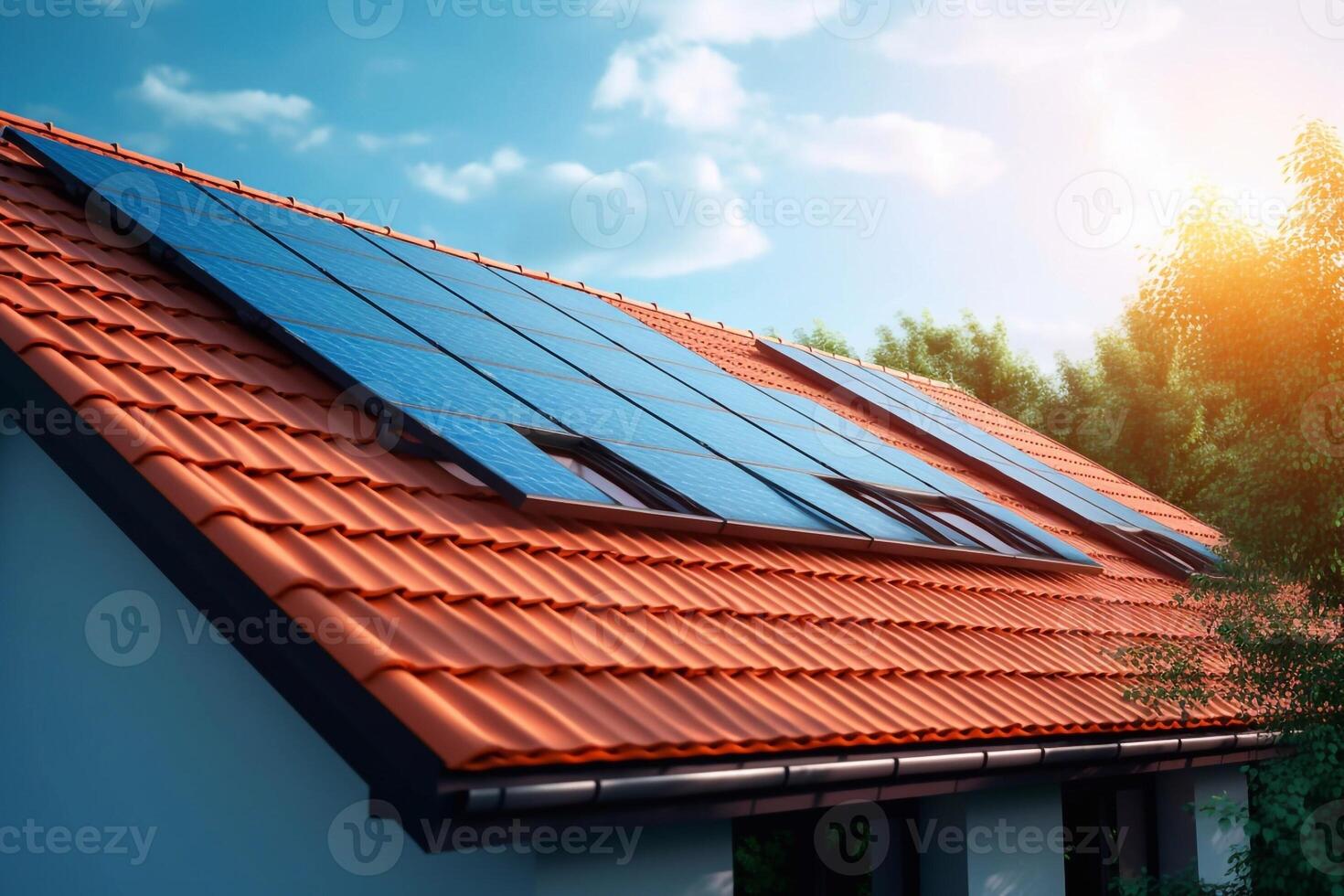 solar fotovoltaico painéis em uma casa cobertura generativo ai foto