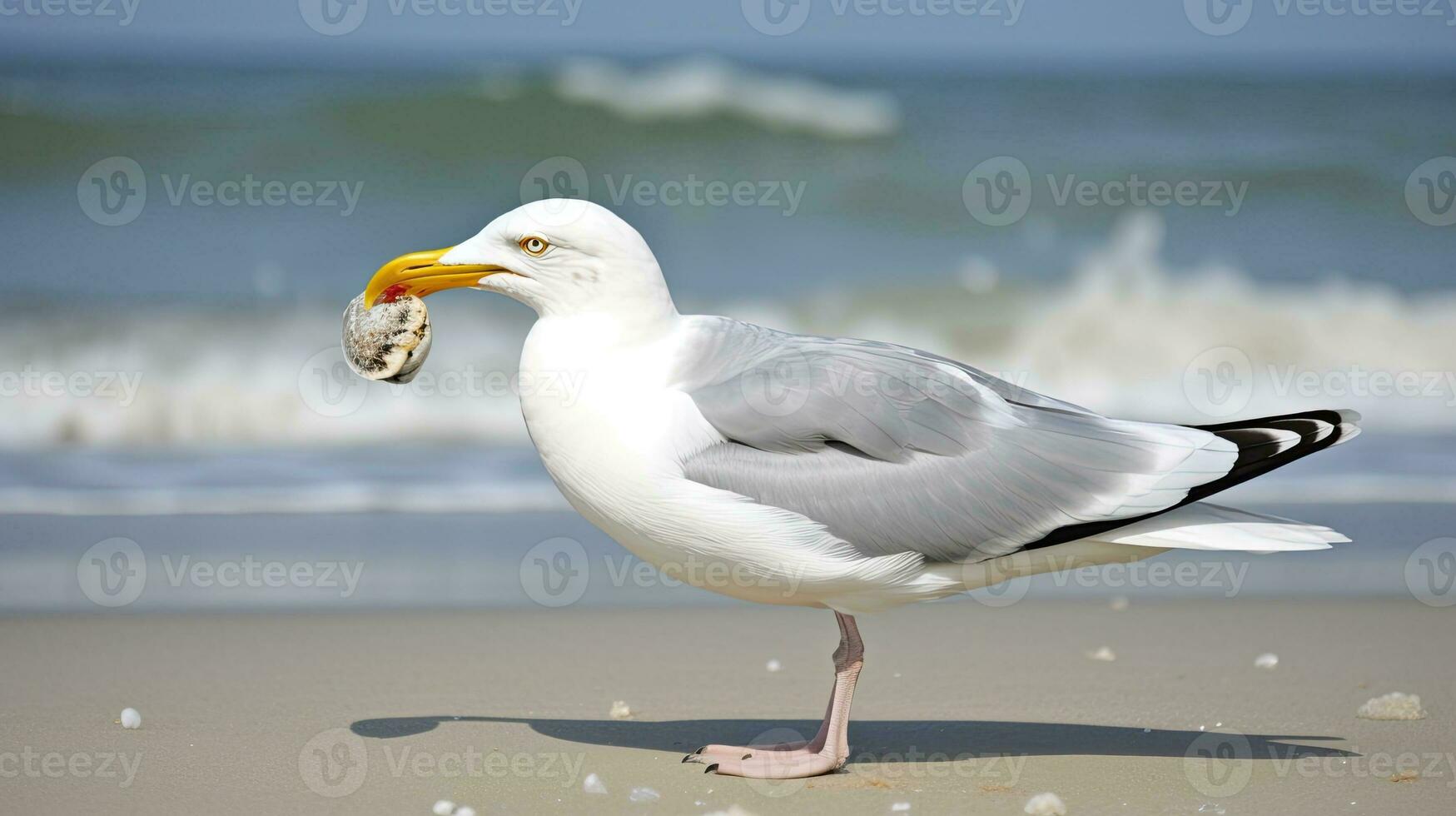 uma de praia cena com uma gaivota segurando uma molusco dentro Está bico. generativo ai foto