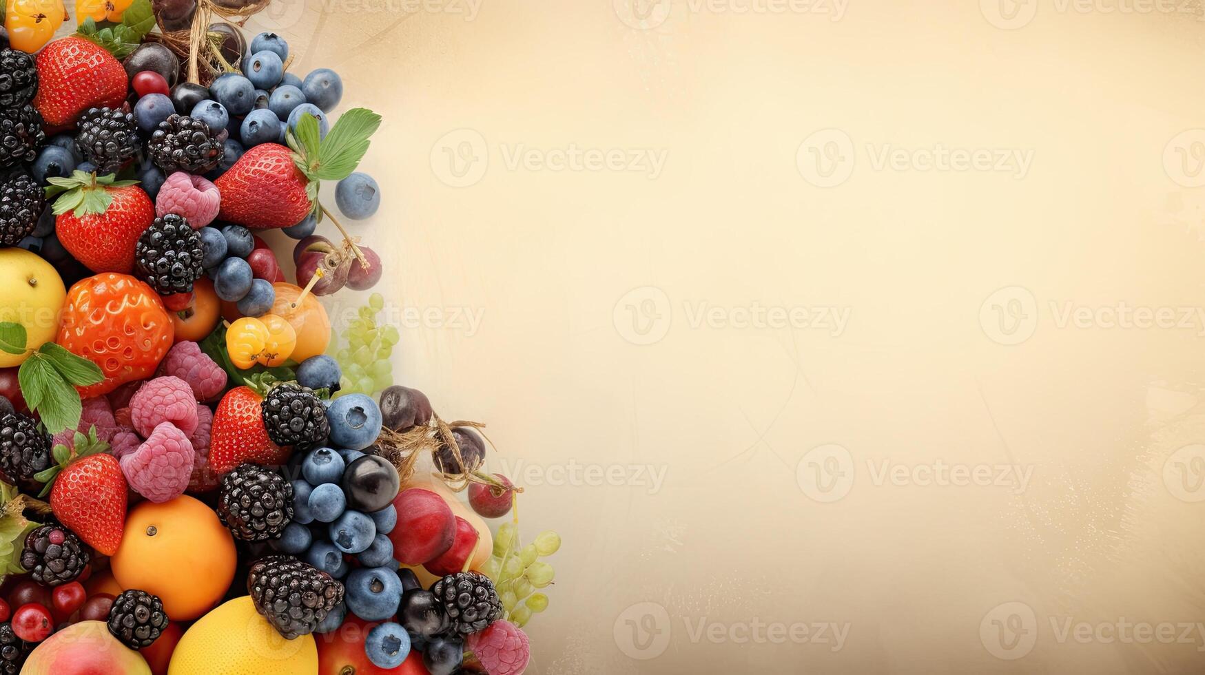 fresco frutas, Comida fundo. rede bandeira com cópia de espaço. generativo ai foto