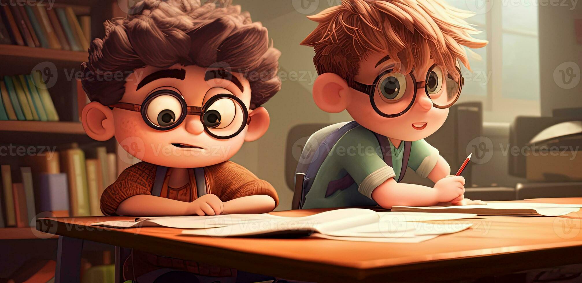 dois Rapazes com copos, às uma escola mesa, dentro desenho animado estilo. escolares às a lição. prateleiras com livros em a fundo. ai gerado foto