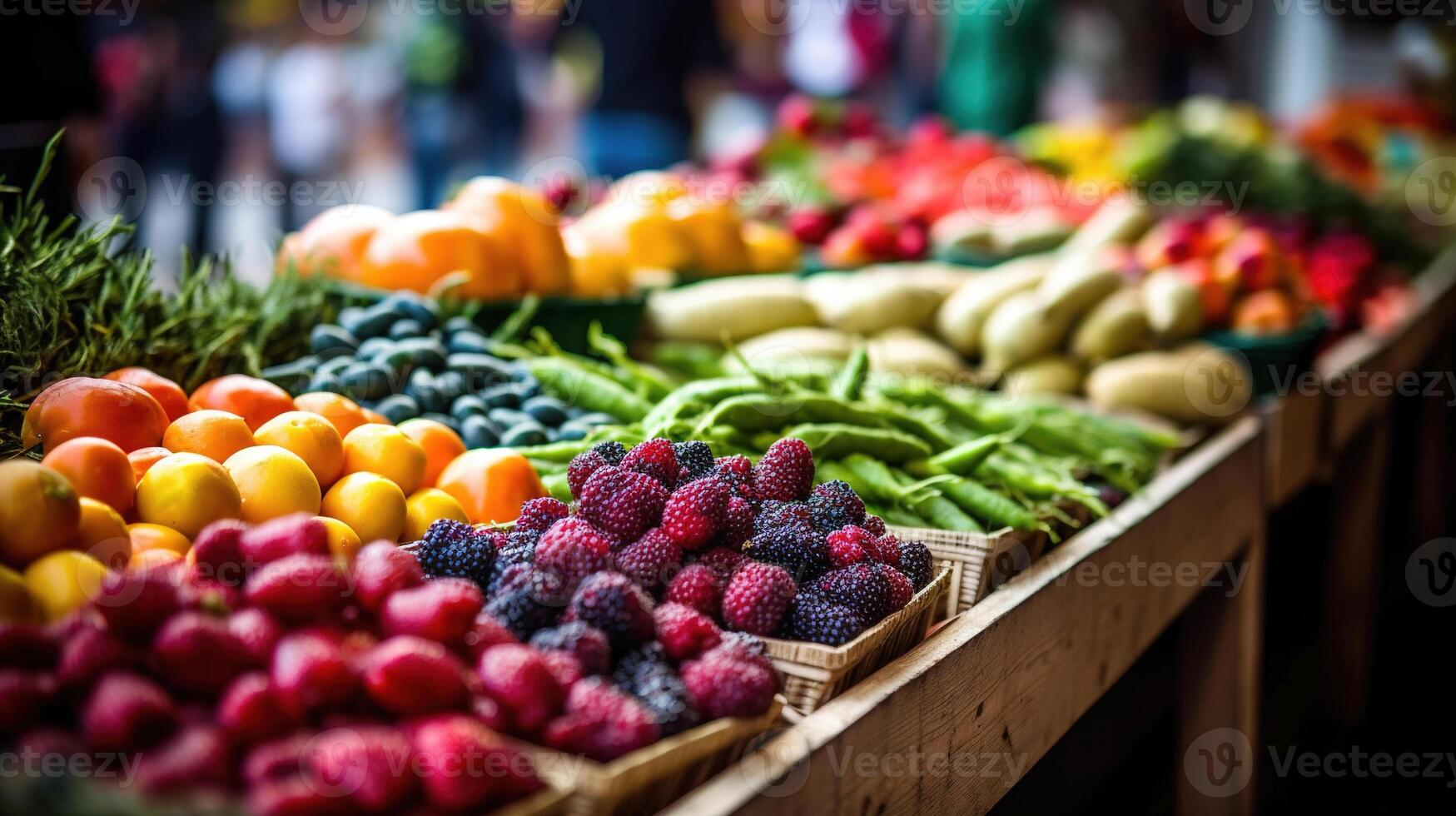 Amora silvestre às a agricultores mercado contra a borrado fundo do uma enorme contador. produtos para uma saudável dieta. brilhante colorida mostruário. ai gerado foto