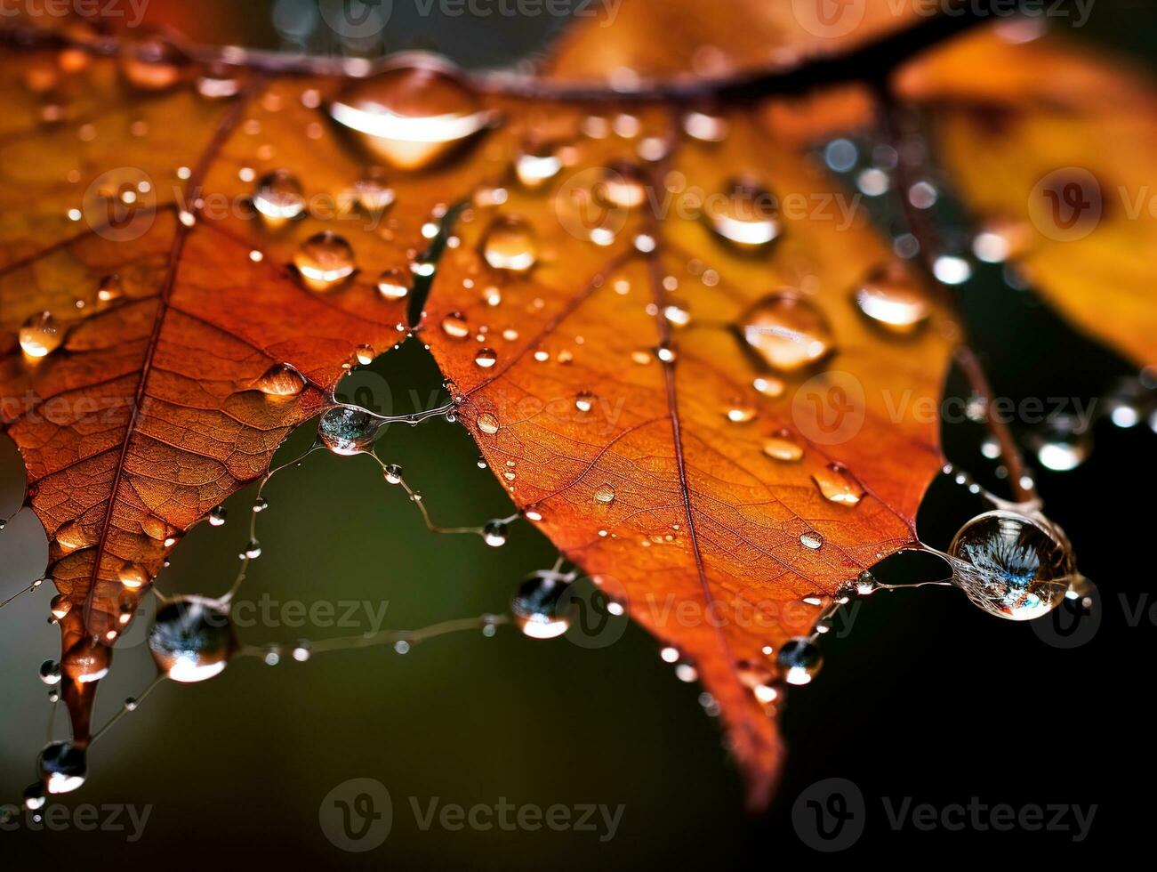orvalho gotas em a teia de aranha. outono folhas depois de chuva com seletivo foco. bokeh. generativo ai foto
