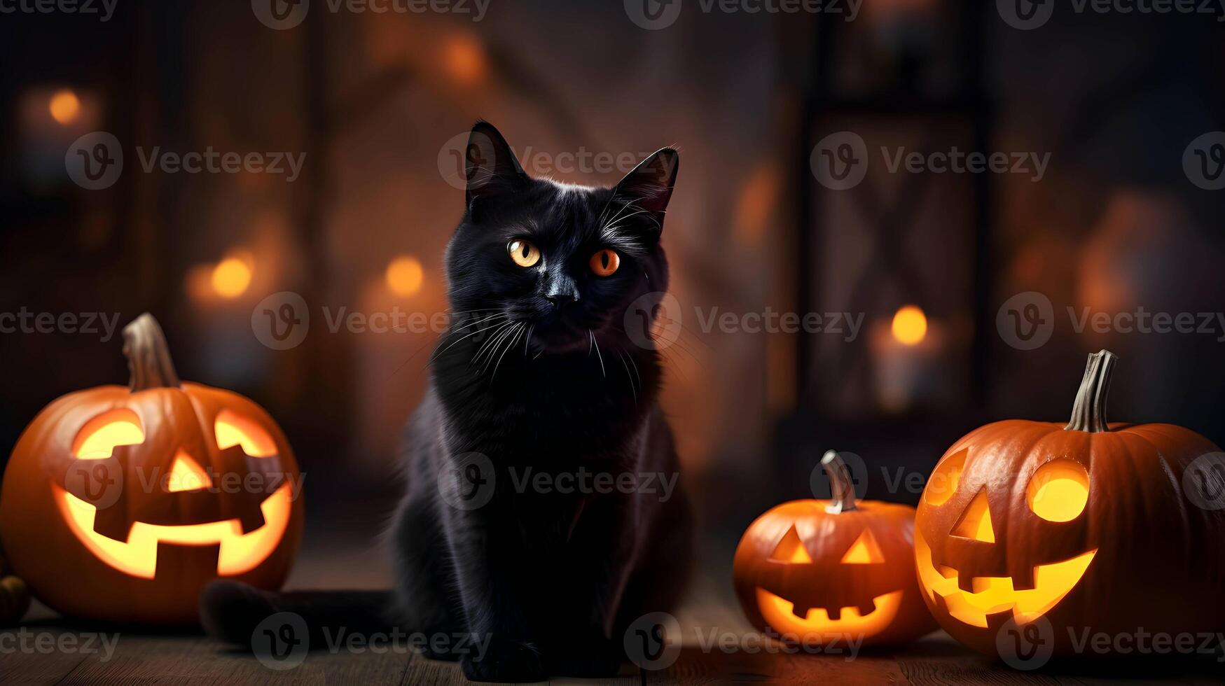 dia das Bruxas fofa Preto gato e abóbora lanternas. ai gerado imagem foto