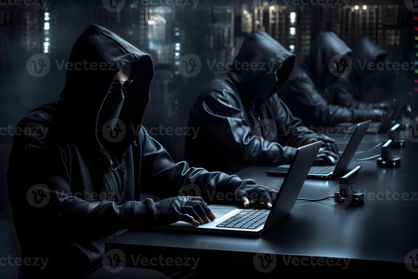 hackers com moletons digitando laptops. hacker grupo, organização ou Associação. ai gerado foto