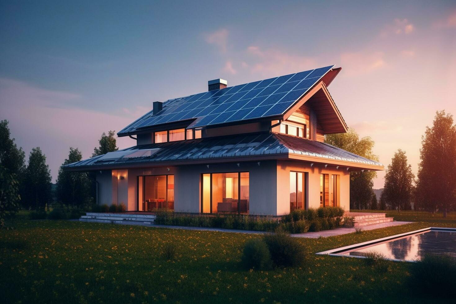 moderno casa com solar painéis em a teto, lindo lugar, generativo ai foto
