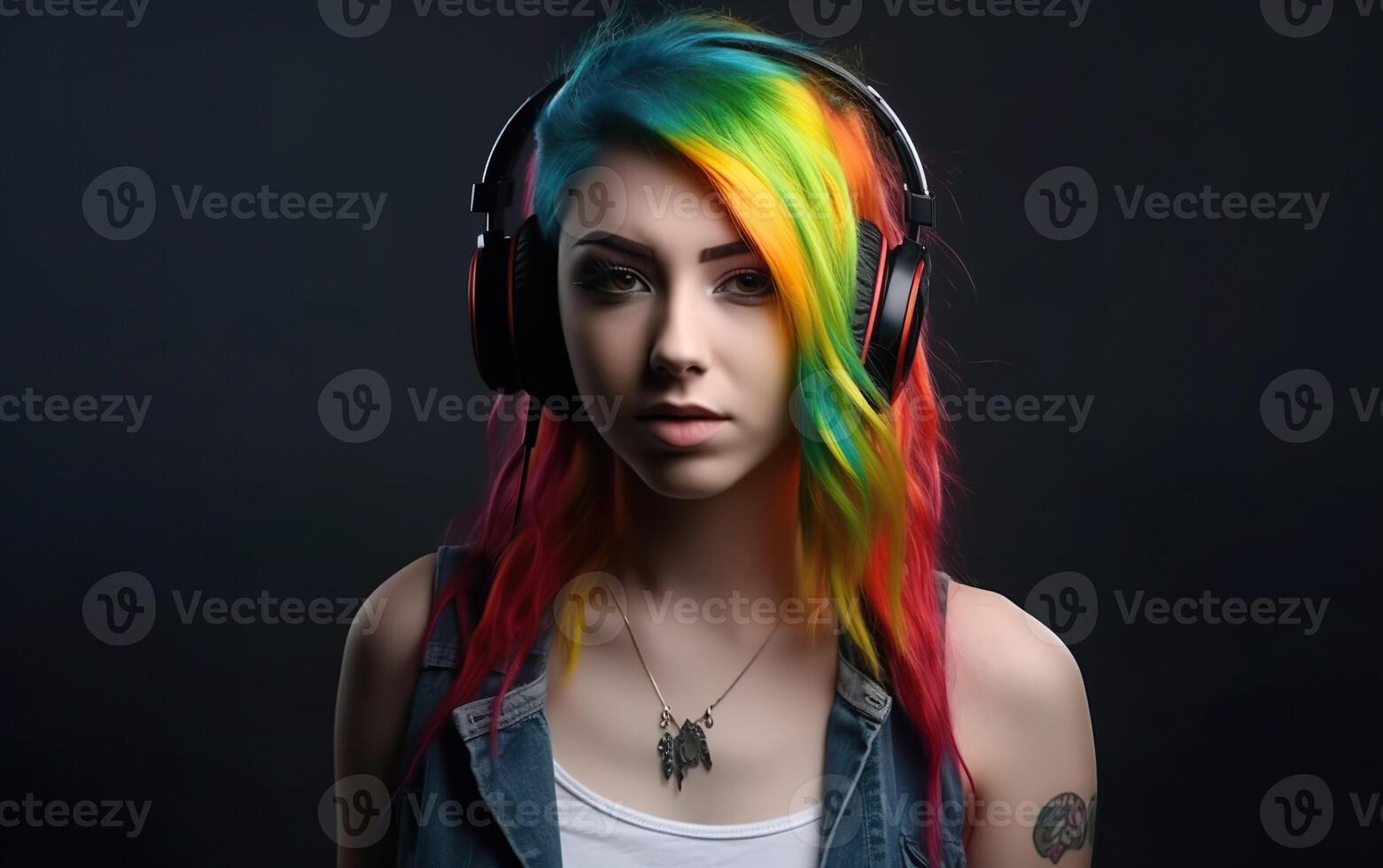 mulher com arco Iris cabelos ouvindo para música em uma Sombrio fundo. ai, generativo ai foto