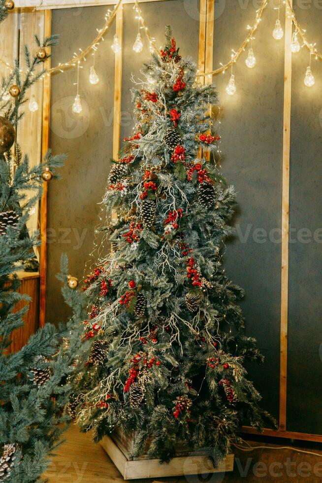 belas decorado Natal árvore e grande quantidade do brilhando guirlandas e luz lâmpadas. preparando para a Natal festa às lar. foto