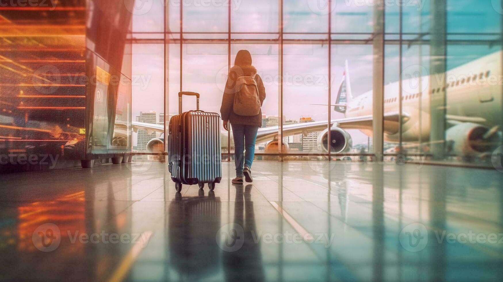 traseiro Visão do viajante mulher com mochila e bagagem caminhando dentro aeroporto terminal. generativo ai. foto