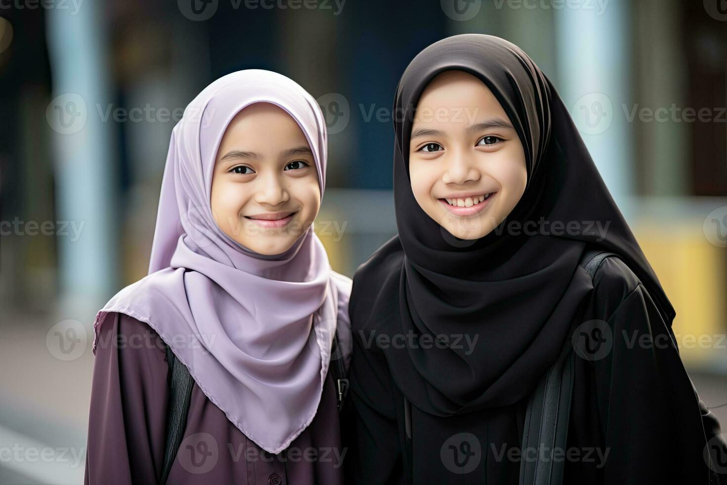 dois muçulmano meninas dentro hijab sorridente. ai gerado foto