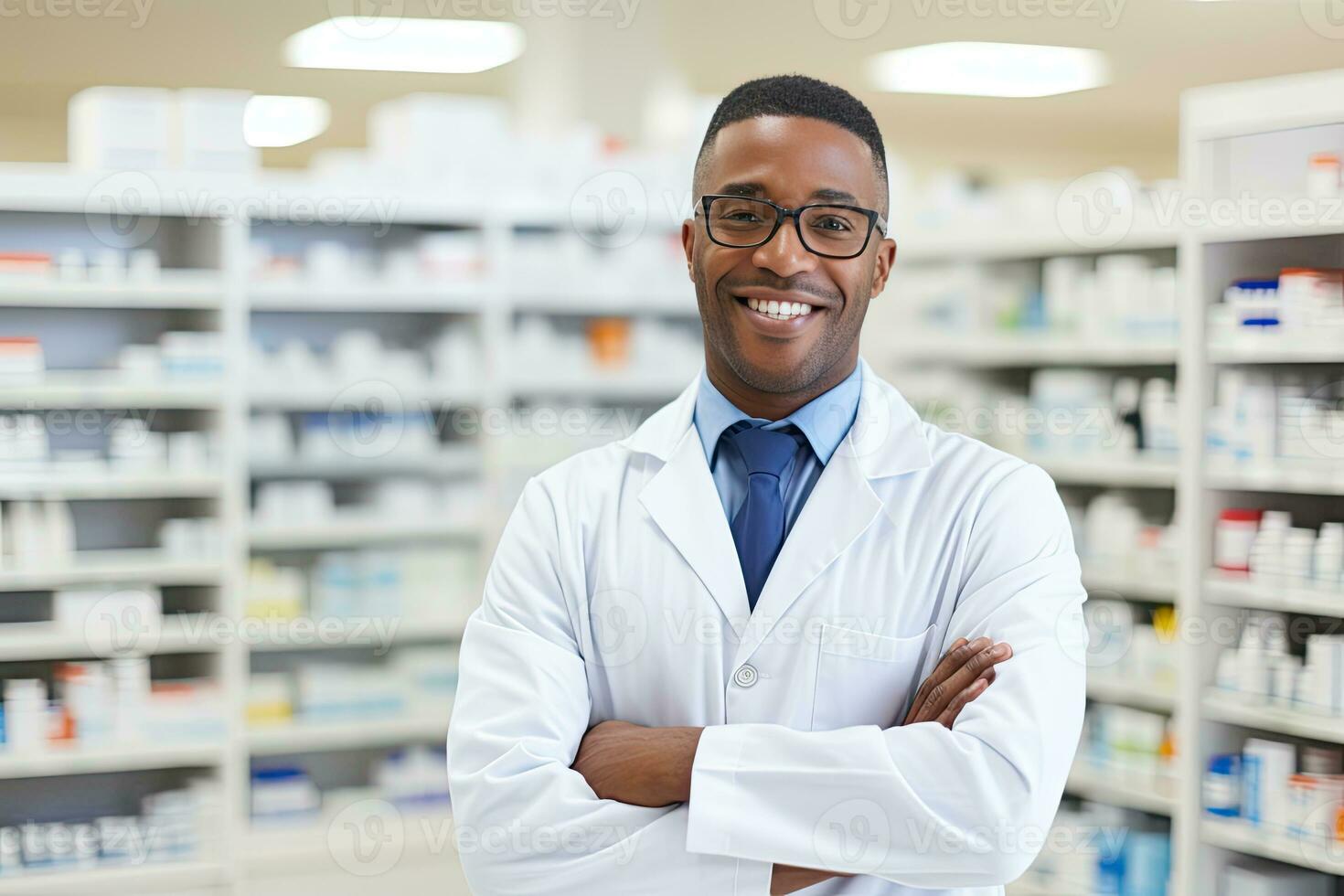 africano americano masculino farmacêutico dentro farmacia. ai gerado foto