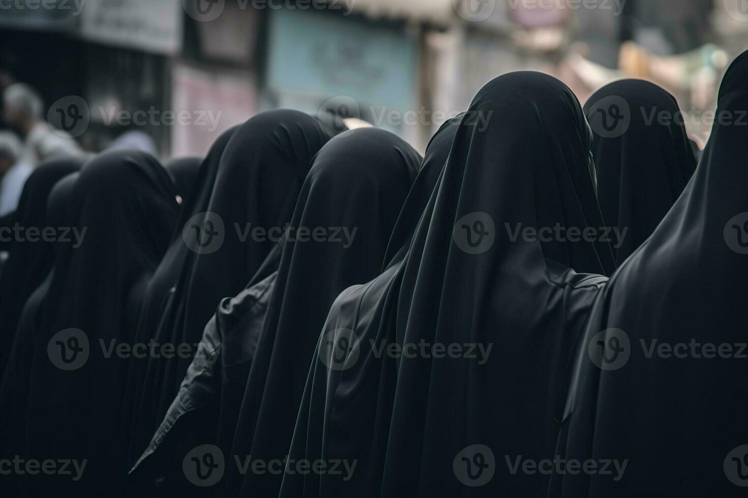 multidão do mulheres dentro hijabs, fêmea muçulmano roupas. traseiro visualizar, fechar-se. generativo ai foto