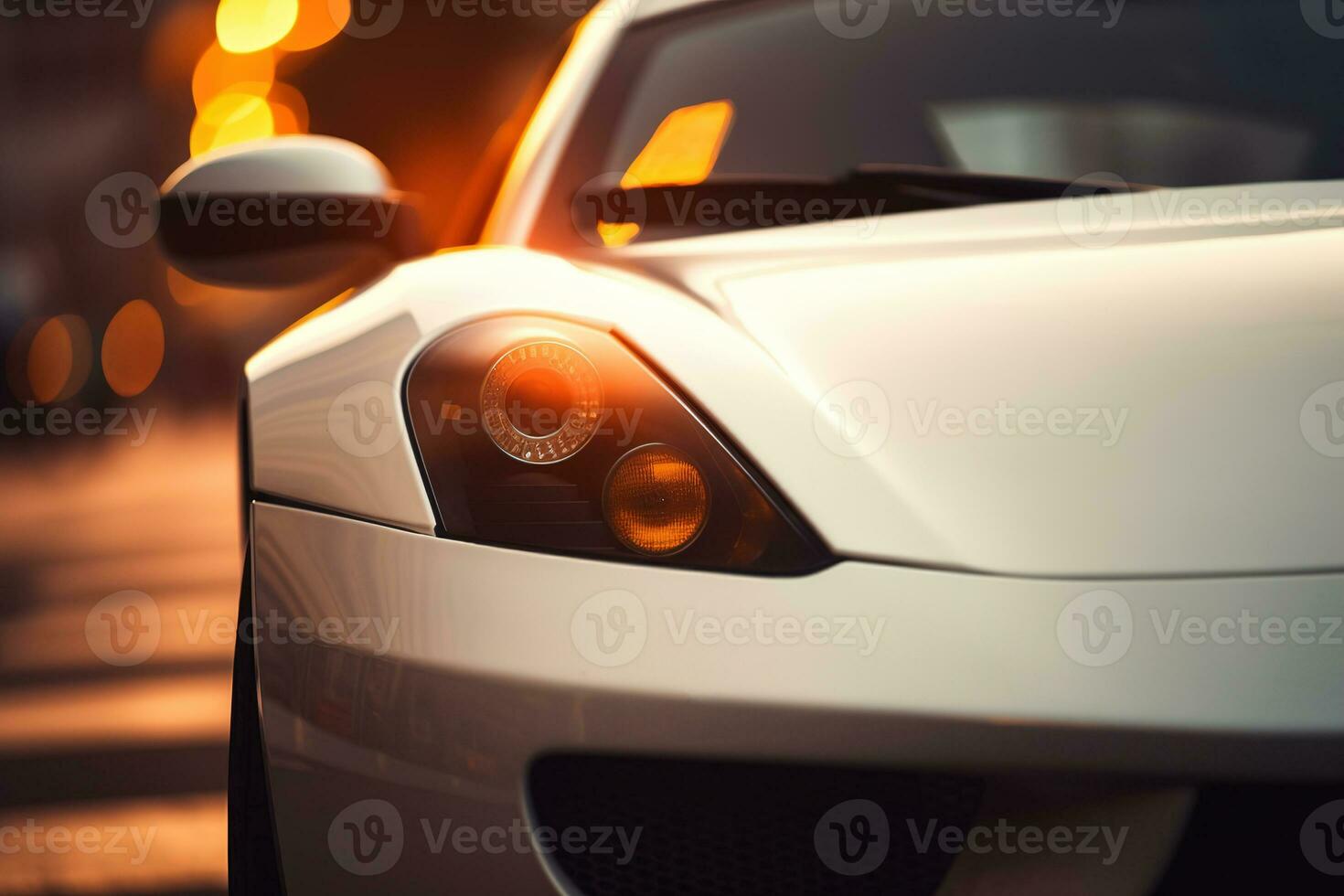 fechar-se frente Farol do moderno Esportes branco carro ao ar livre. generativo ai foto