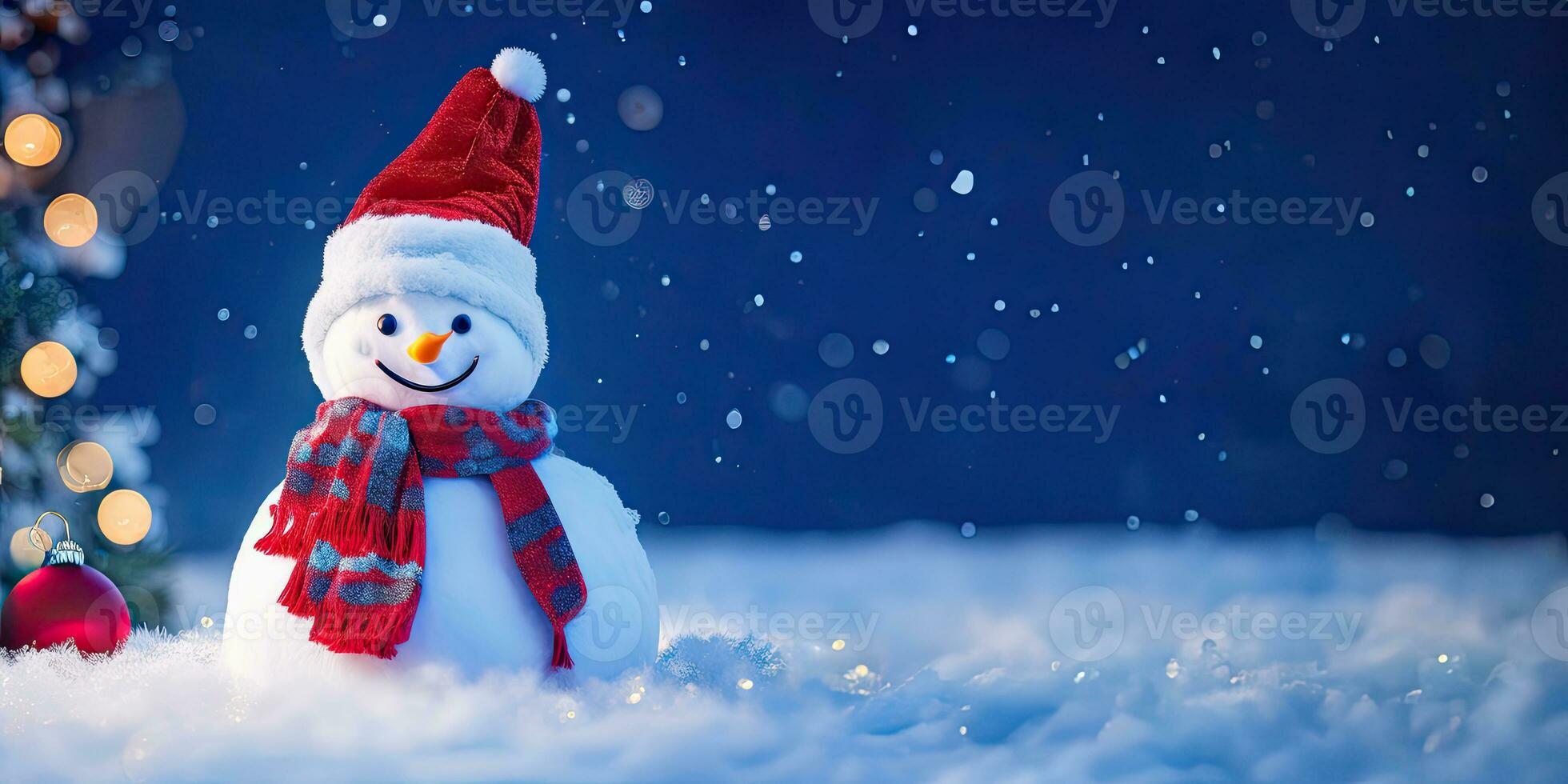 a boneco de neve com vermelho chapéu e cachecol é em pé dentro a neve, generativo ai. foto